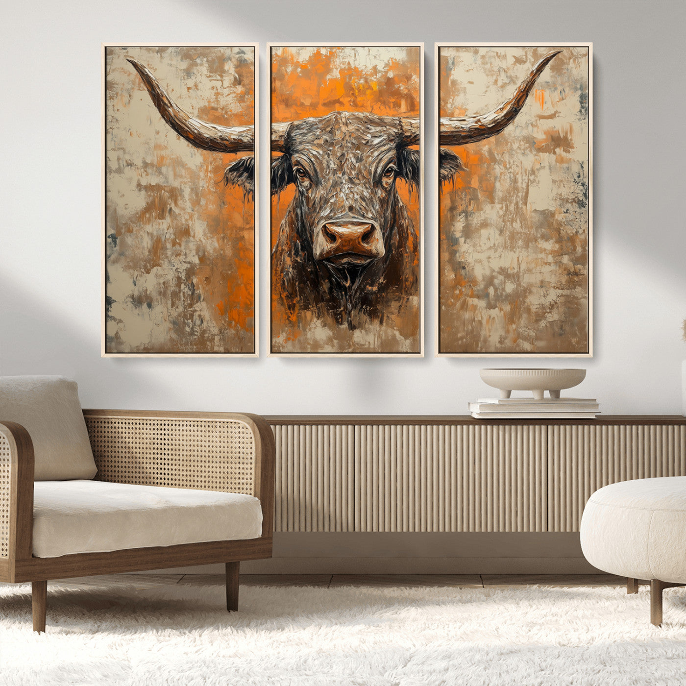MGV-FC-48X32-3P - Abstract Cow Longhorn Bull Wall Art Canvas Print - Rustic Texas Western Cattle Artwork