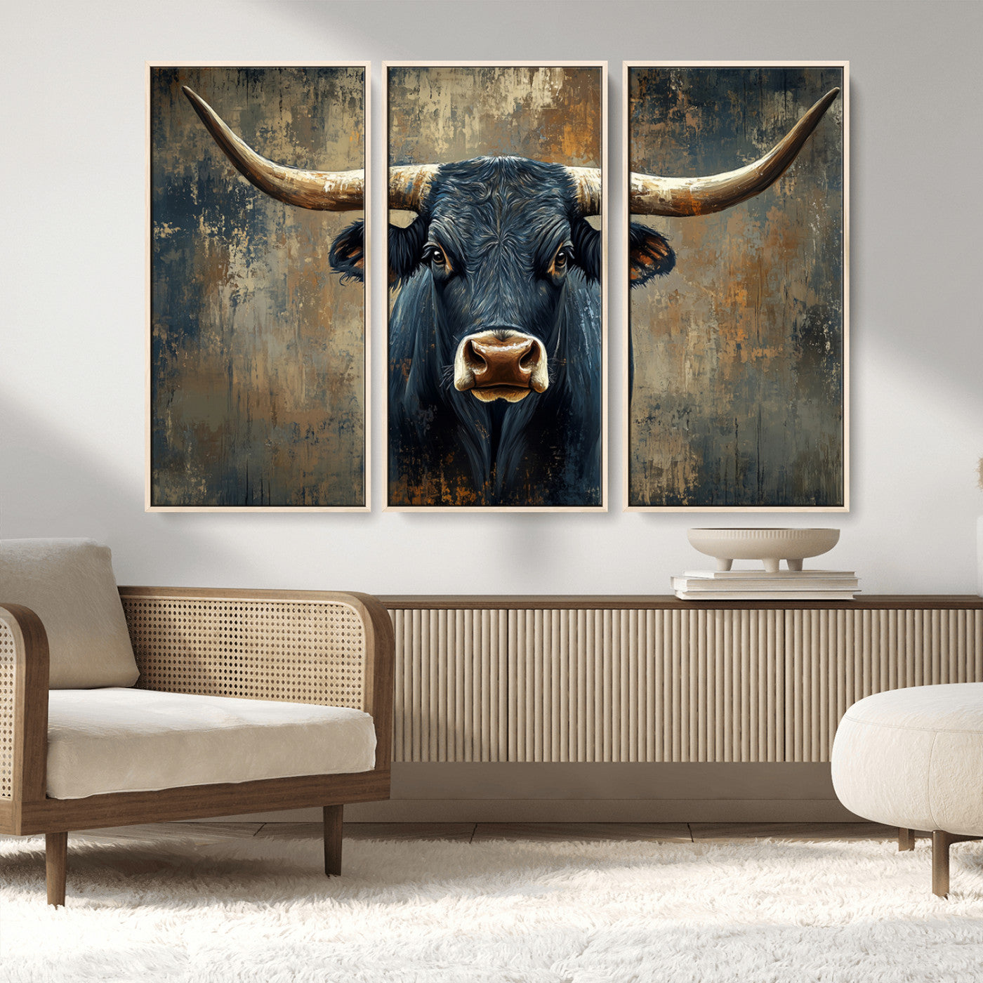 MGV-FC-48X32-3P - Texas Western Wall Art Canvas Print - Abstract Cow Longhorn Bull Wall Art Canvas Print - Rustic Cow