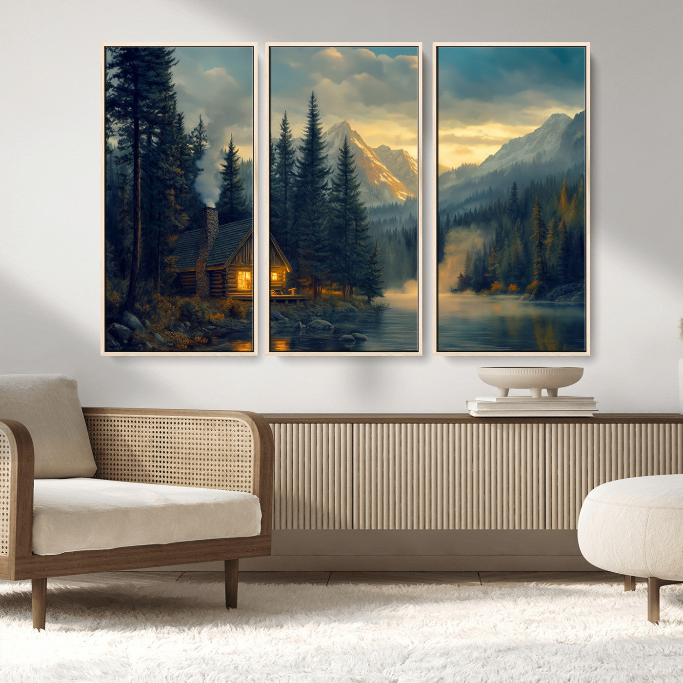 MGV-FC-48X32-3P - Mountain Cabin by the Lake at Sunset Wall Art - Serene Nature Canvas Print for Living Room Decor,