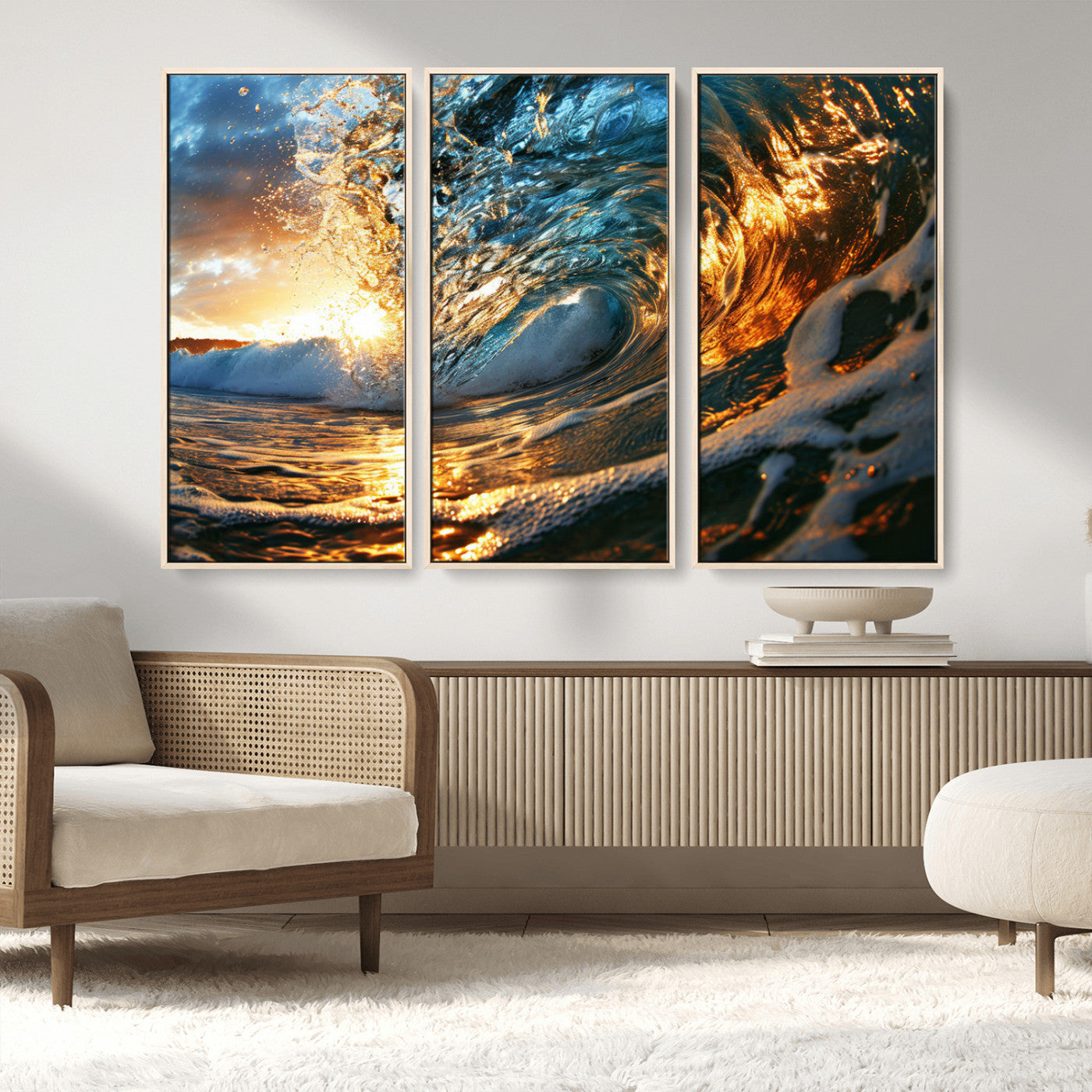 MGV-FC-48X32-3P - Ocean Wave at Sunset Canvas Wall Art – Vibrant Coastal Beach Waves Print, Large Nautical Decor,