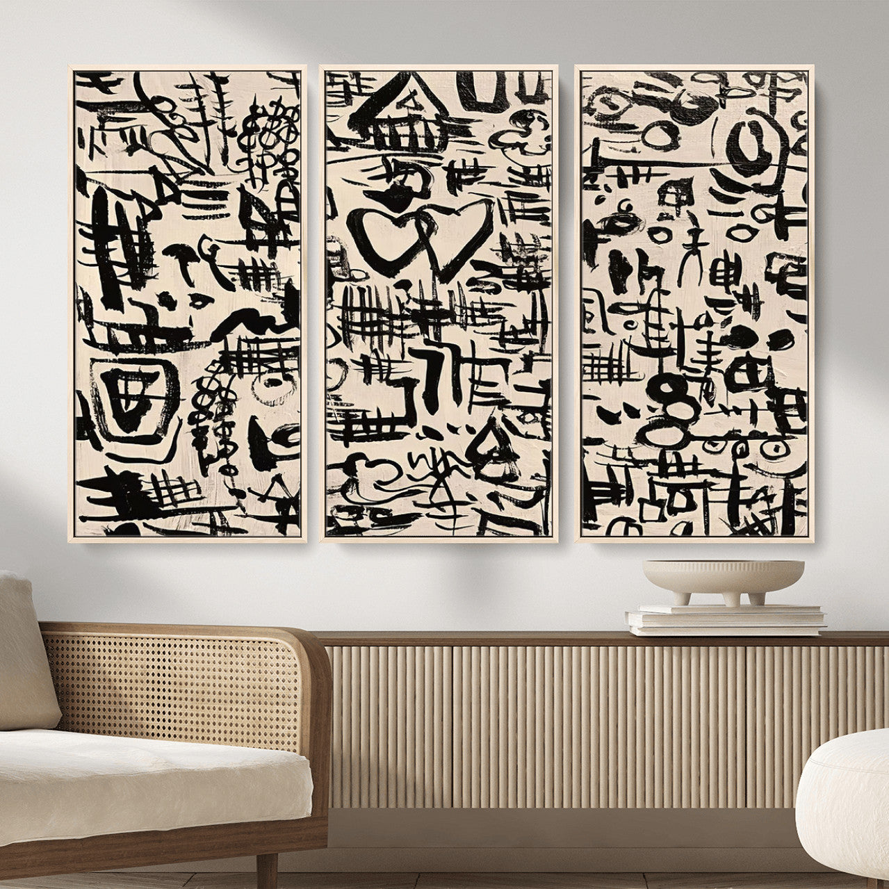 68273-MGV-FC-48X32-3P - Abstract Love and Chaos Canvas Print, Black Symbols on Beige