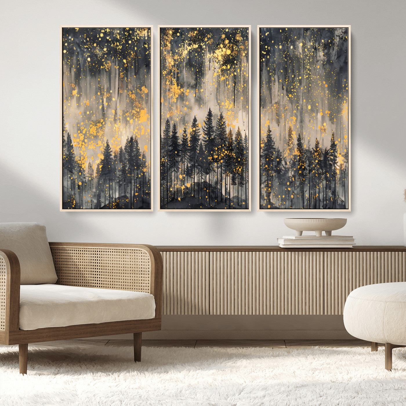 MGV-FC-48X32-3P - Golden Forest Abstract Wall Art | Dark Forest with Gold Splatter Accents | Triptych Ready to Hang