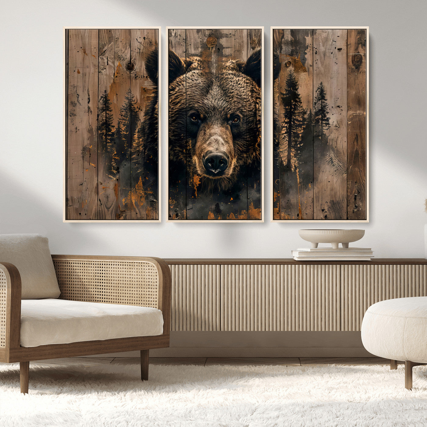 MGV-FC-48X32-3P - Rustic Grizzly 399 Wall Art | Triptych Canvas Print | Rustic Cabin Wall Decor | Perfect for