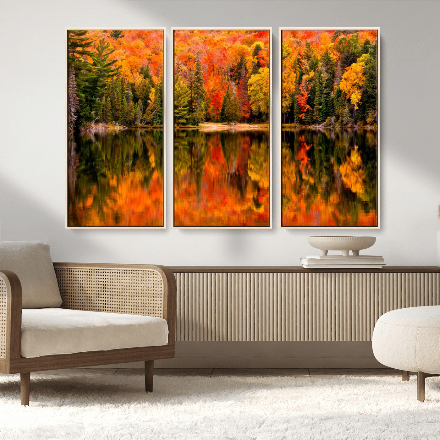 MGV-FC-48X32-3P - Forest Reflection Art | Autumn Forest Reflection Wall Art | Triptych Canvas Print | Vibrant Fall