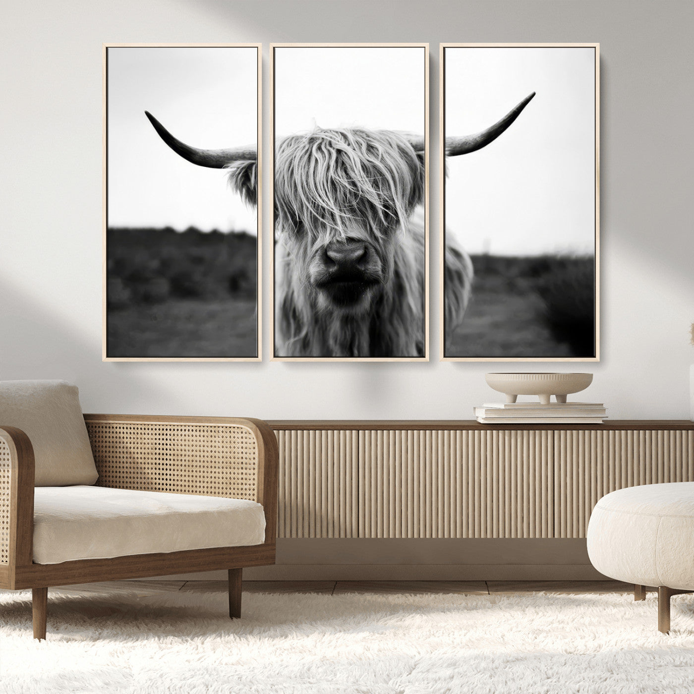 MGV-FC-48X32-3P - Highland Cow Wall Art | Black and White Farmhouse Decor | Triptych Canvas Print | Rustic Barn Decor