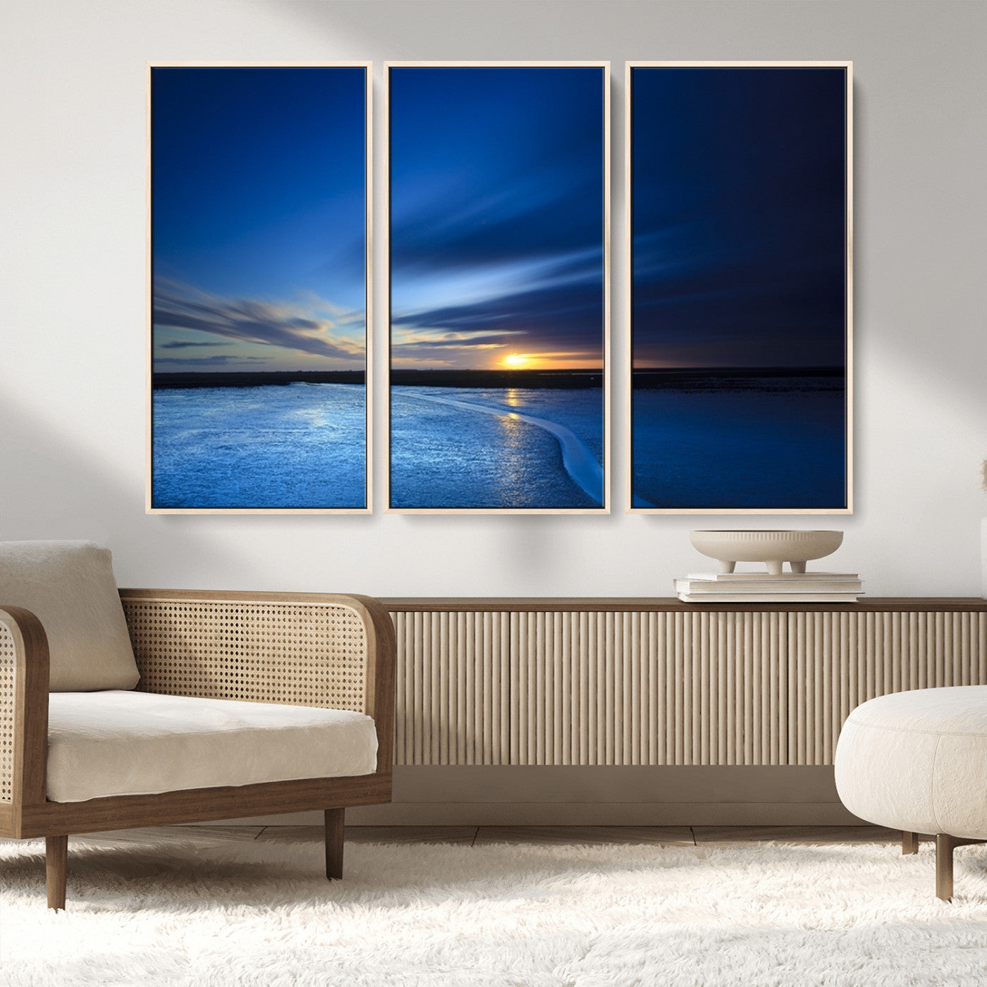 MGV-FC-48X32-3P - Blue Sunset Ocean Canvas Wall Art Print – Serene Coastal Horizon Wall Decor for Home or Office –