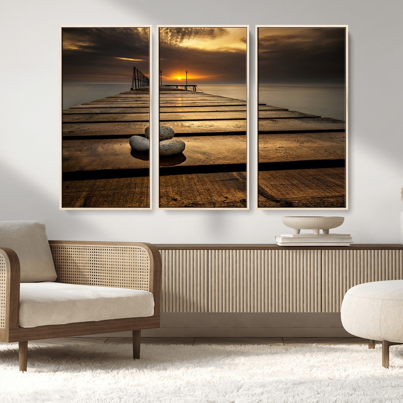 MGV-FC-48X32-3P - Stones on Wooden Pier at Sunset Canvas Print, Serene Coastal Wall Art, Beach Sunset Photography,