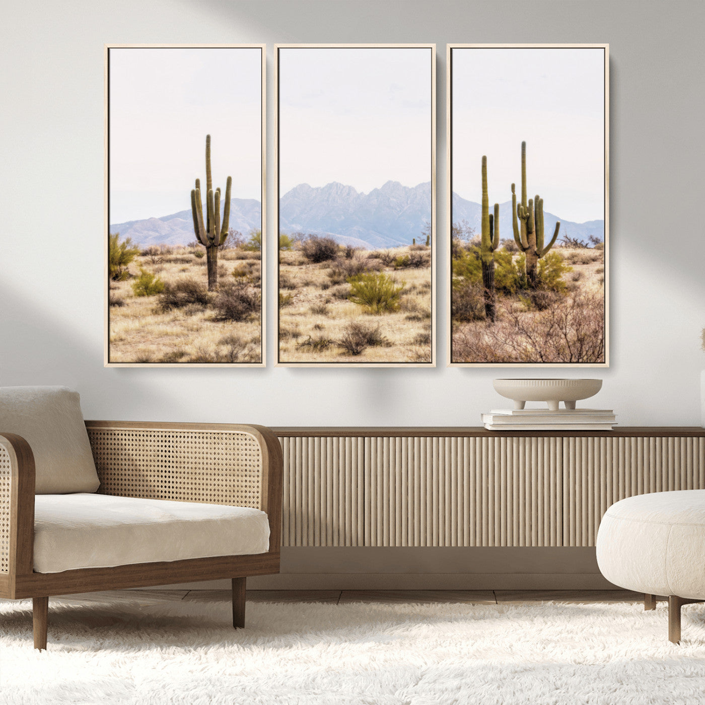 -Desert Cactus Canvas Wall Art – Serene Southwestern Arizona Landscape with Majestic Mountains -