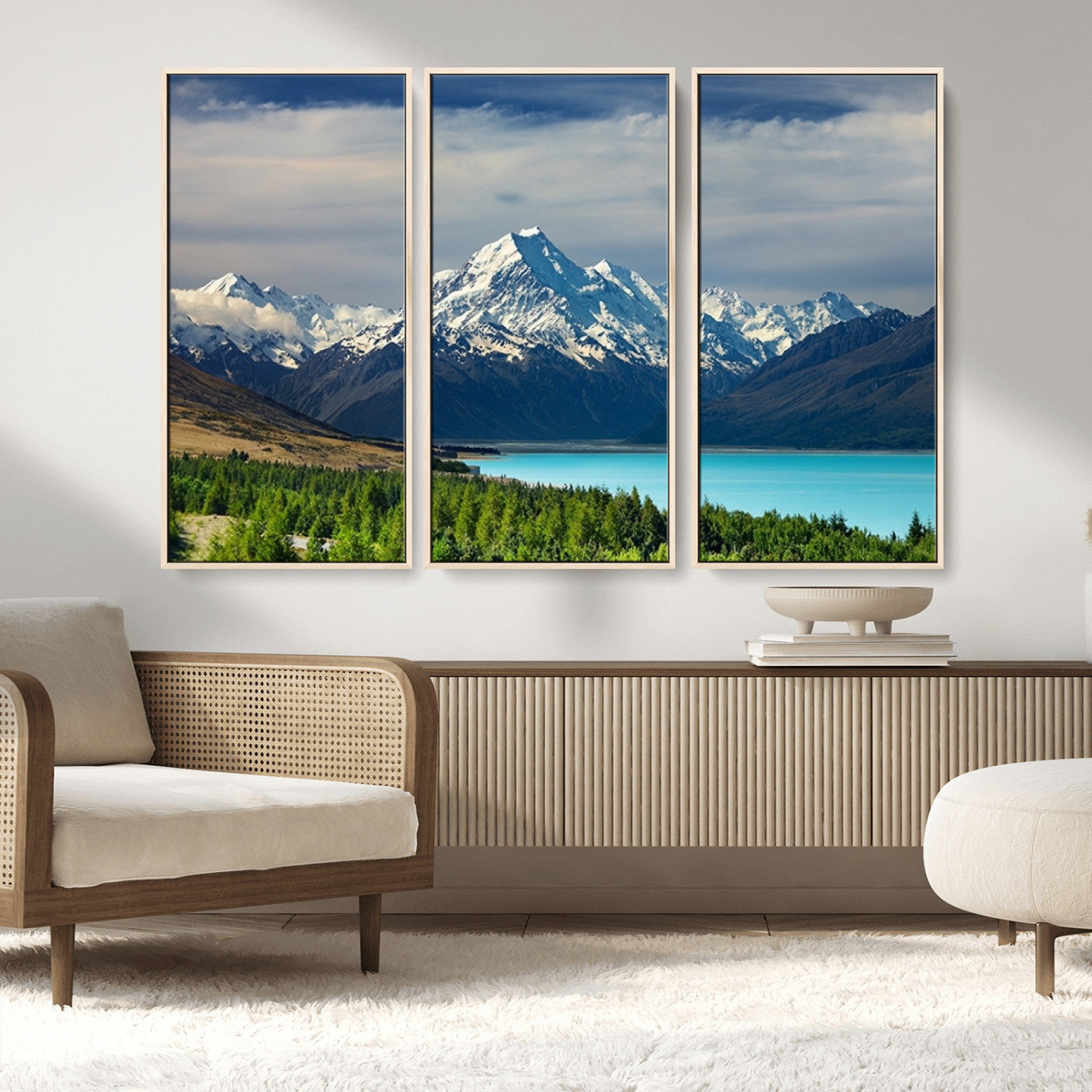 MGV-FC-48X32-3P - Mount Cook and Lake Pukaki Canvas Wall Art Print – Majestic Snow-Capped Peaks and Serene Lake Wall