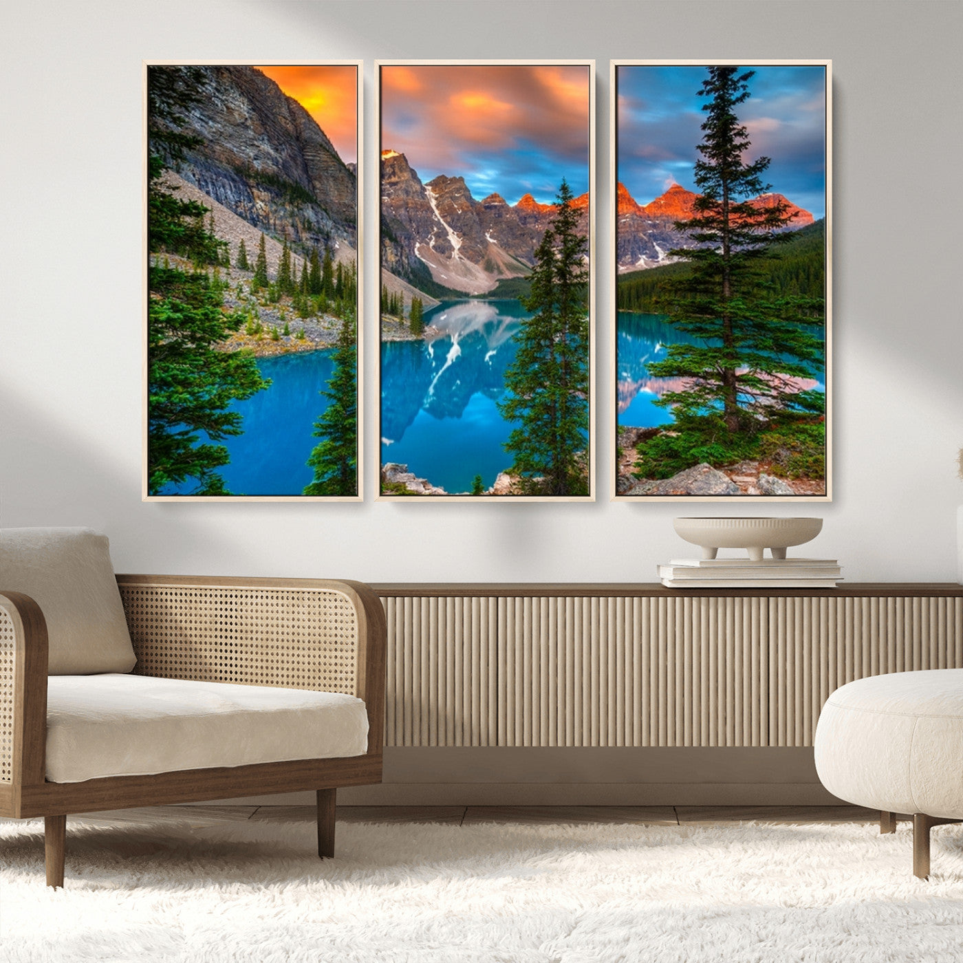 MGV-FC-48X32-3P - Canadian Rockies Moraine Lake Wall Art Canvas Print, Pine Trees Mountain Spring Canvas Print