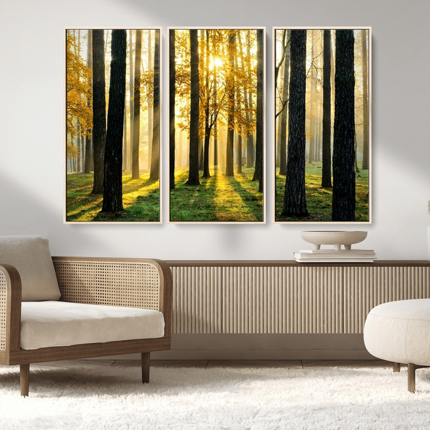 MGV-FC-48X32-3P - Sunlit Forest Canvas Wall Art – Serene Woodland Triptych Landscape Print – Nature-Inspired Decor for