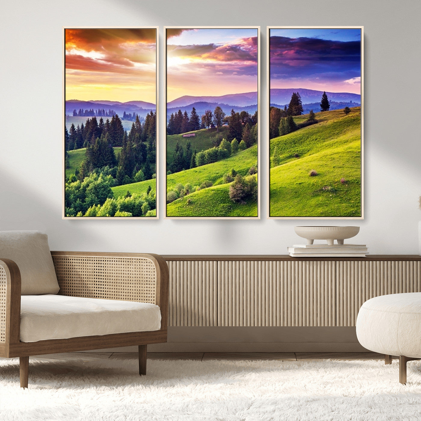 MGV-FC-48X32-3P - Green Hills and Sunset Wall Art Print - Scenic Landscape with Lush Greenery and Vibrant Sky, Ready
