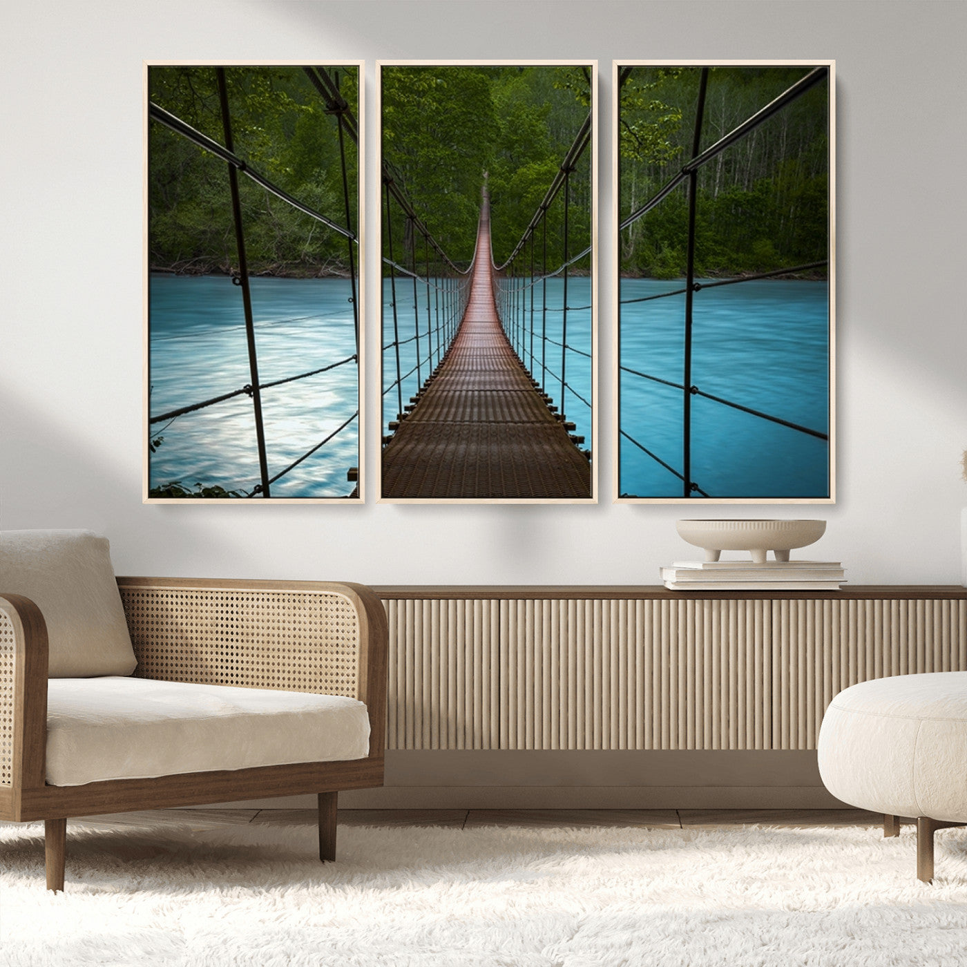 MGV-FC-48X32-3P - Suspension Bridge Over River Canvas Art | 3-Panel Nature Photography | Scenic Wall Art for Living