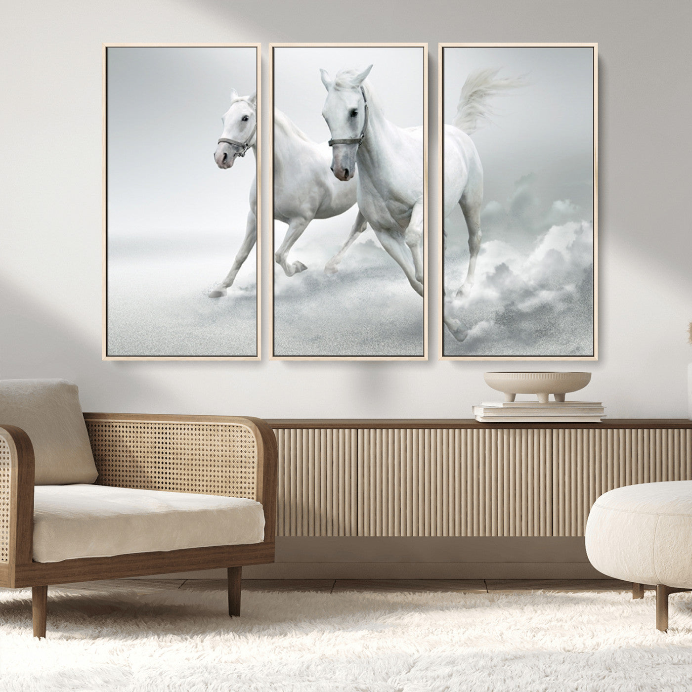 MGV-FC-48X32-3P - Large Wall Art Animal Canvas Print - Beautiful Running White Horses