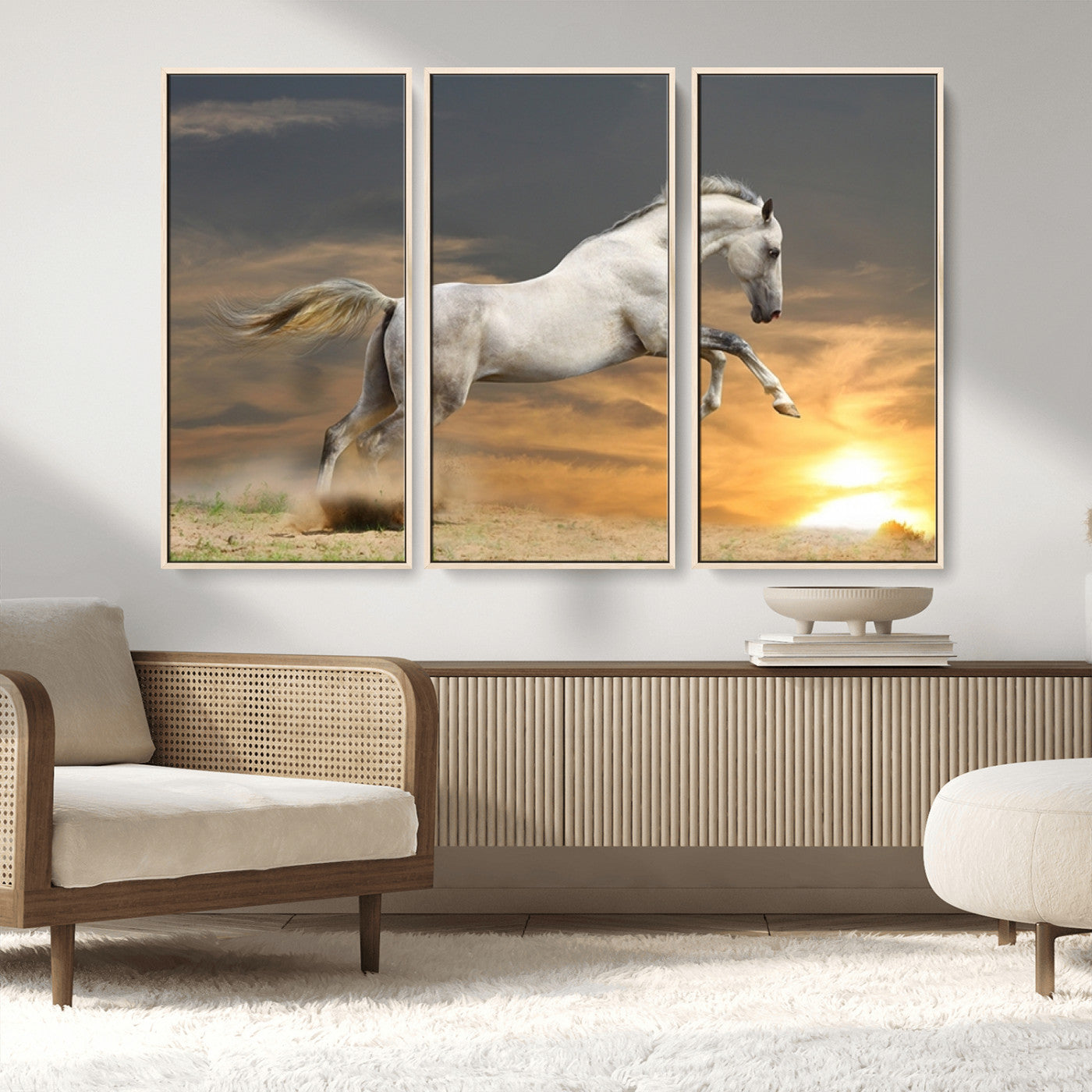MGV-FC-48X32-3P - Large Wall Art Animal Canvas Print - White Jumping Horse at Sunset