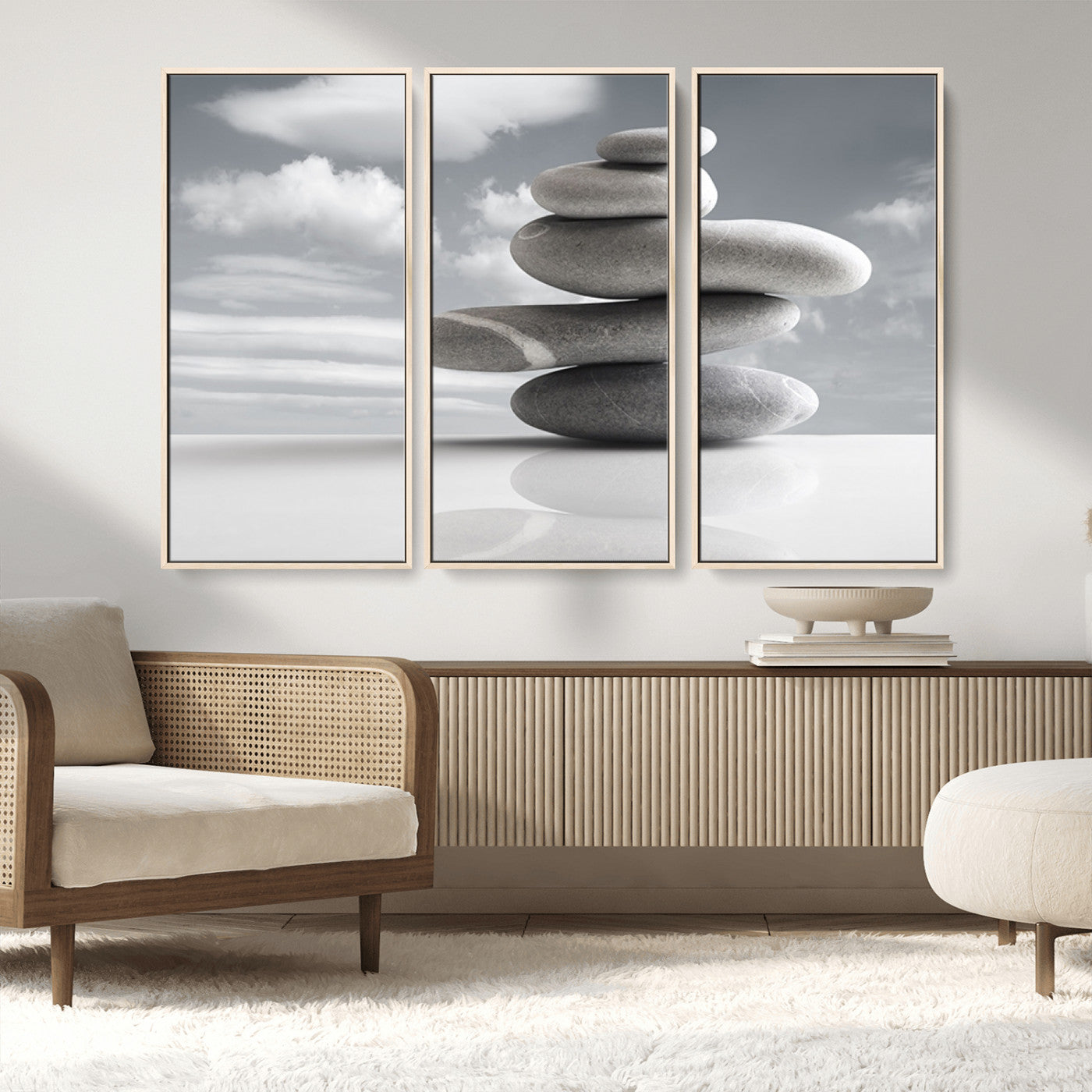 MGV-FC-48X32-3P - Still Life Black and White Zen Stones Wall Art Canvas, Framed Black and White Zen Stones Canvas