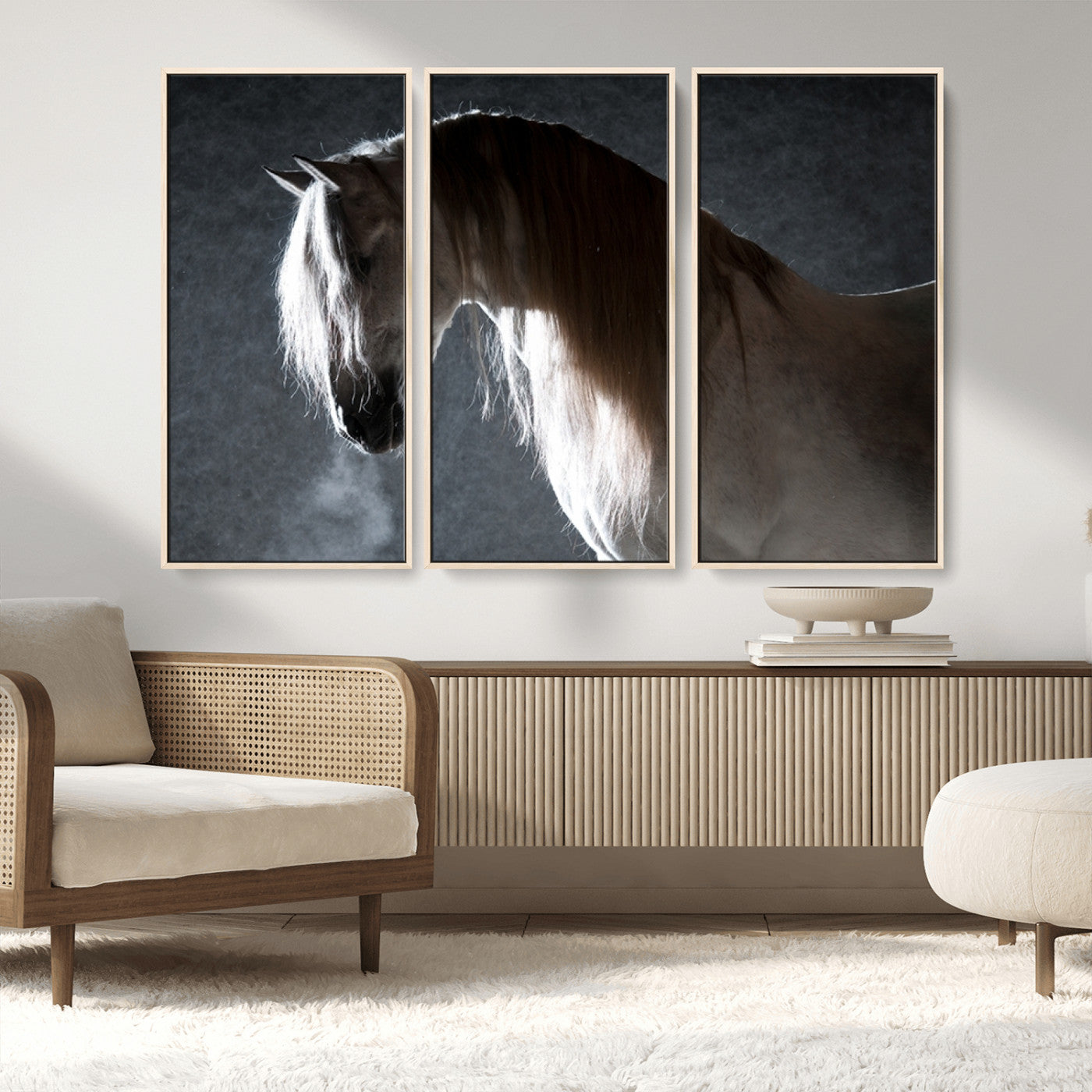 MGV-FC-48X32-3P - Large Wall Art Cream Colored Horse on Grey Background Canvas Print
