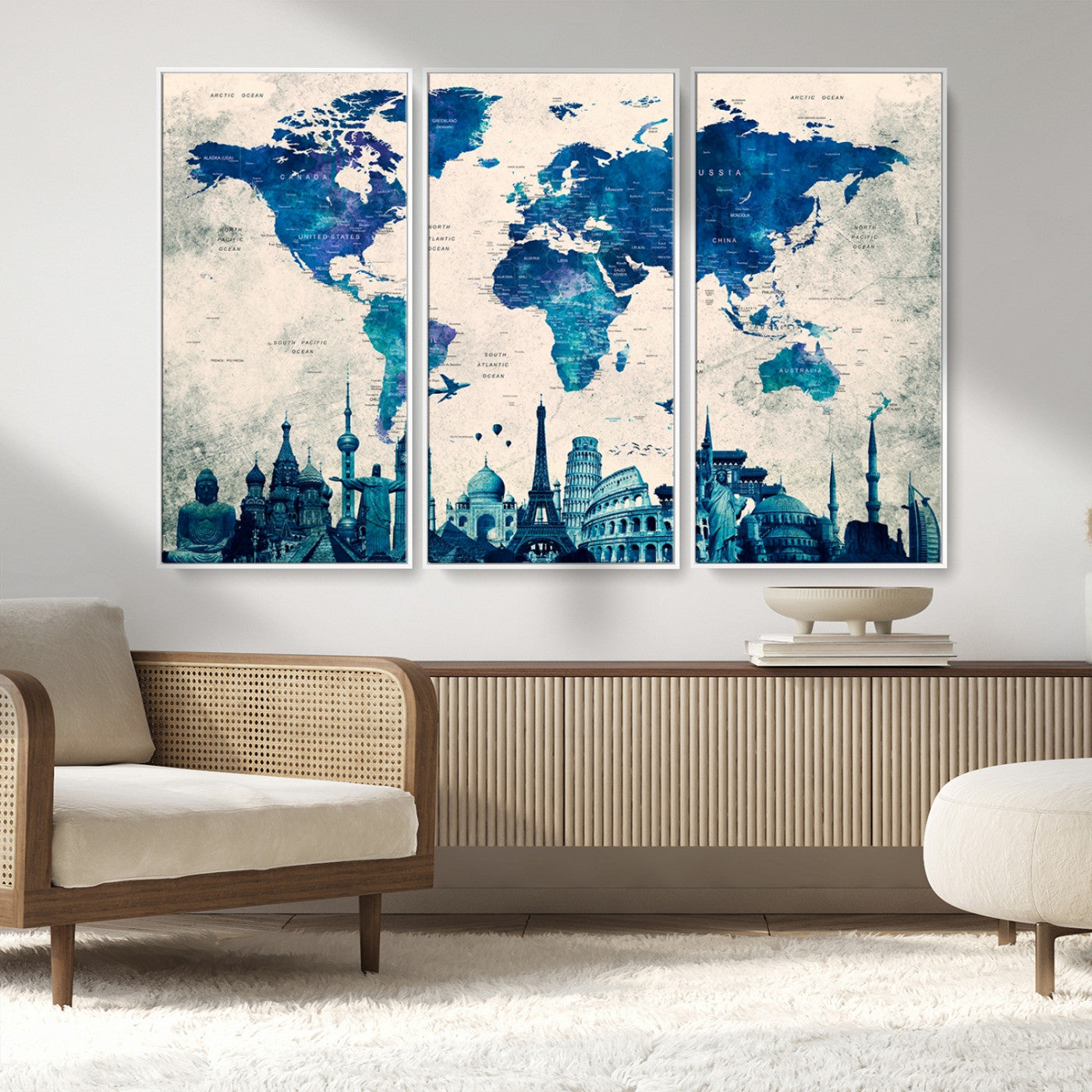 MGV-FC-48X32-3P - Navy Blue World Map Canvas Print, Wonder of World Map Push Pin Canvas Print