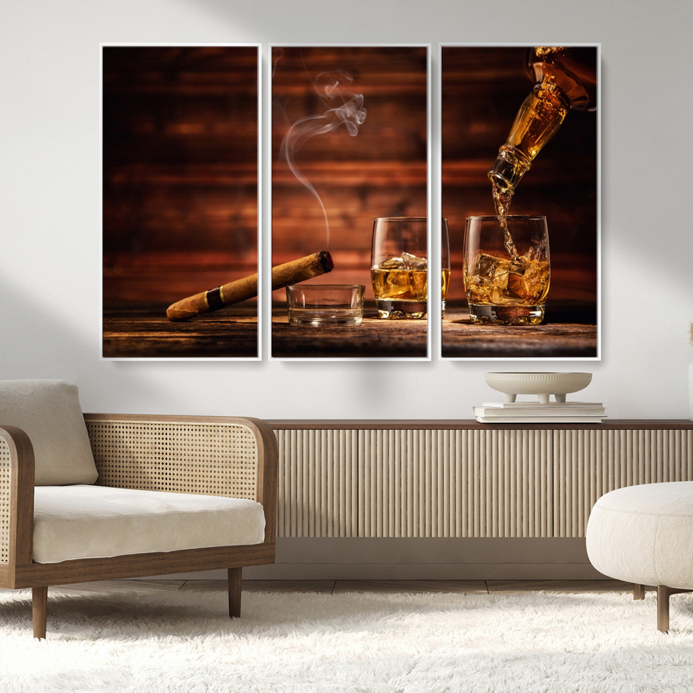 MGV-FC-48X32-3P - Whiskey and Cigar Wall Art Canvas | 3 Panel Bar Room Decor for Home Lounge, Office, or Man Cave |