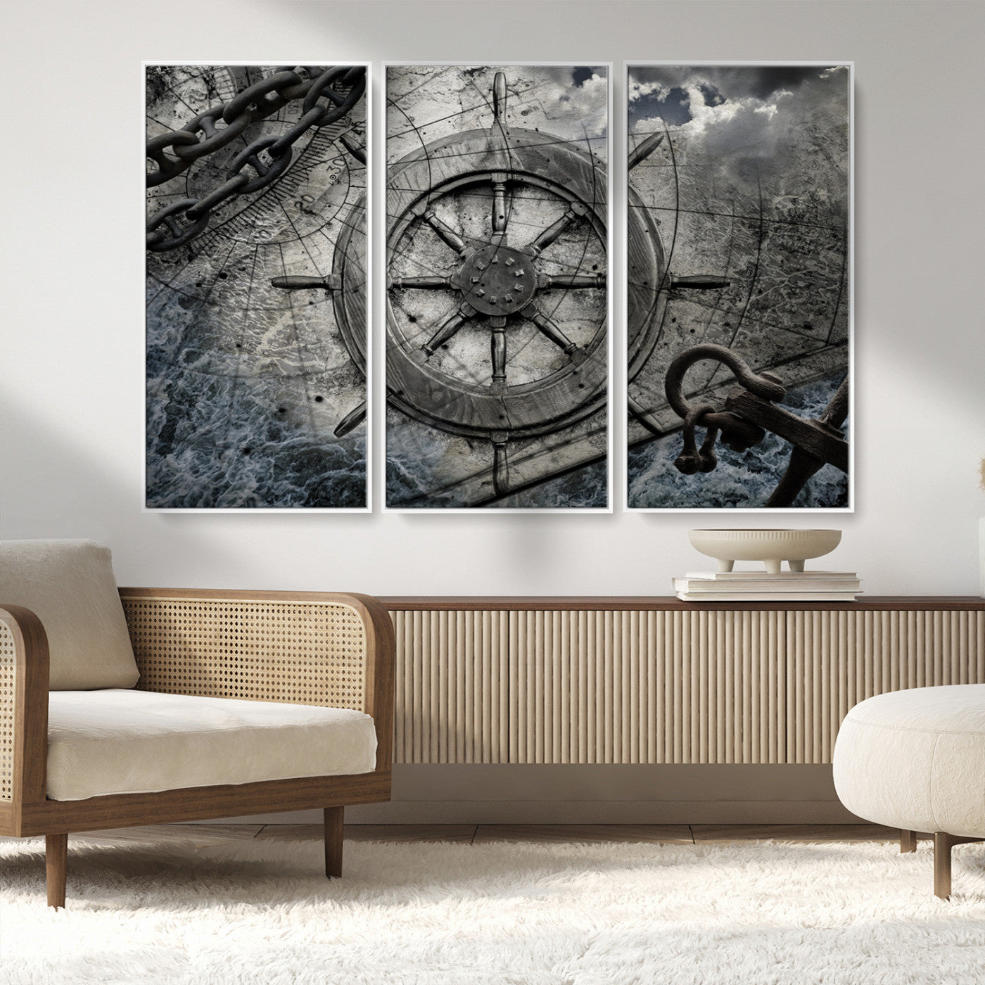 MGV-FC-48X32-3P - Ship Steering Wheel Vintage Wall Art Canvas Print