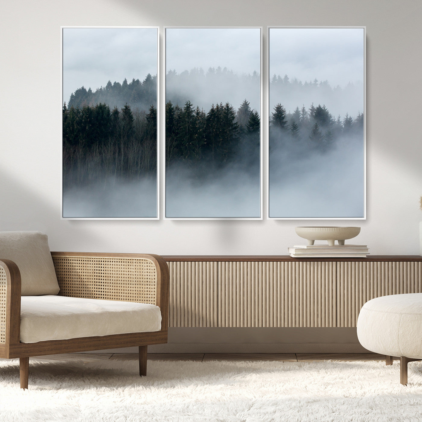 MGV-FC-48X32-3P - Autumn and Misty Trees in the Forest Wall Art Canvas Print, Foggy Forest Mountain Wall Art Canvas