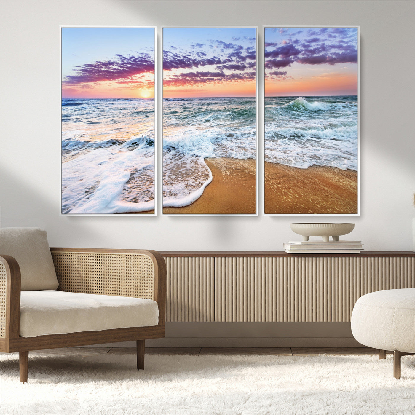 MGV-FC-48X32-3P - Coastal Sunset Art Beach Canvas Wall Art Print | Ocean Waves Wall Art | Large 3-Panel Seascape for