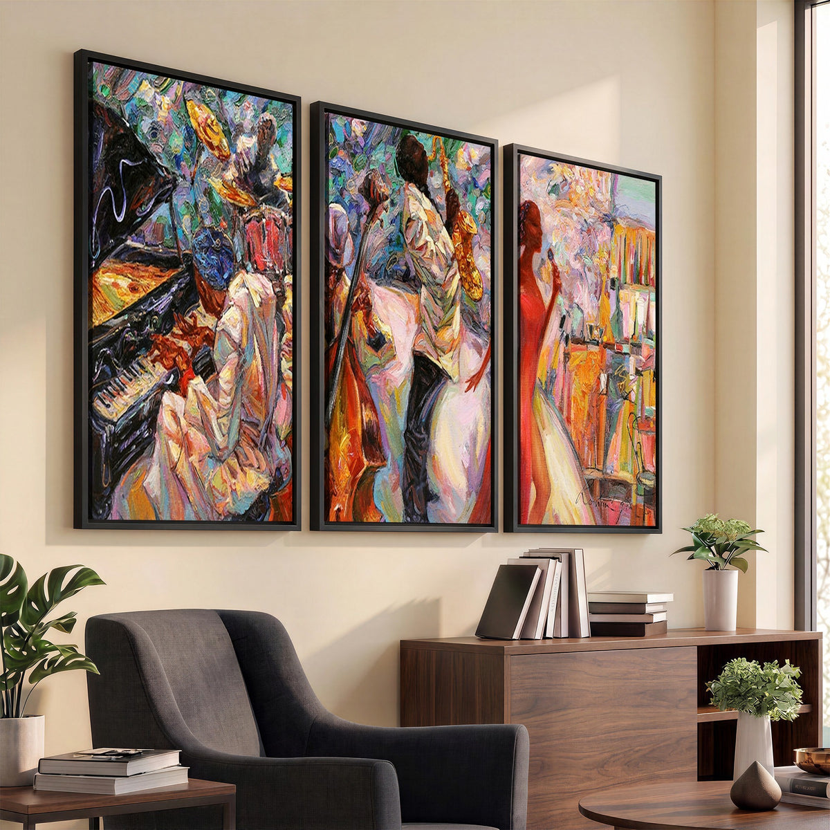40574-_Poster-30x20 - Afro American Jazz Band Canvas Wall Art | 3 Panel Music Studio Decor