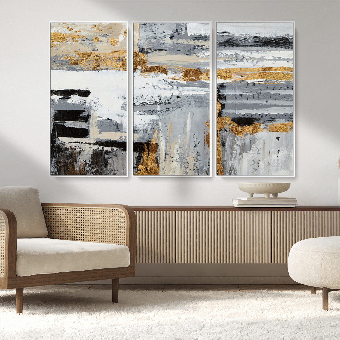 43177-MGV-FC-48X32-3P_White-Abstract Painting Canvas Wall Art Print Paint Drip Art Brush Strokes Gray Artwork