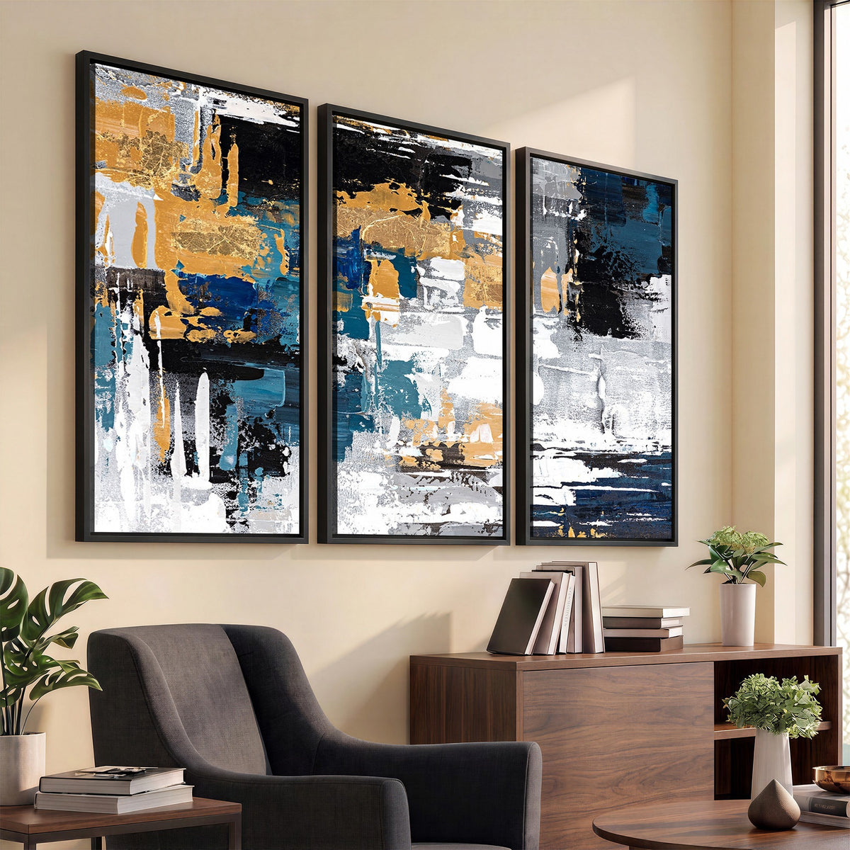 57708-_Poster-30x20 - Blue and Gold Abstract Canvas Wall Art | Triptych Modern Art Print