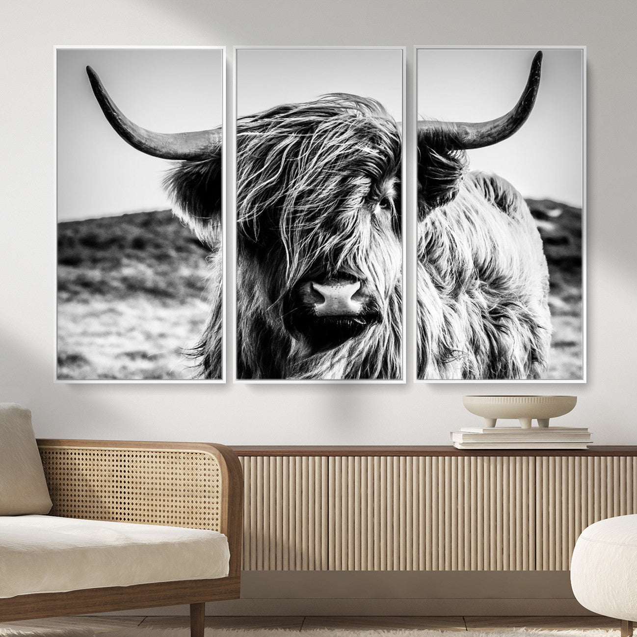 54309-MGV-CV-36X24 - Black and White Scottish Cow Canvas Wall Art Highland Cattle Canvas Print Framed Ready to Hang Original Cotton Canvas High Quality Image Multi Panel Wall Art Printable Artwork for Walls