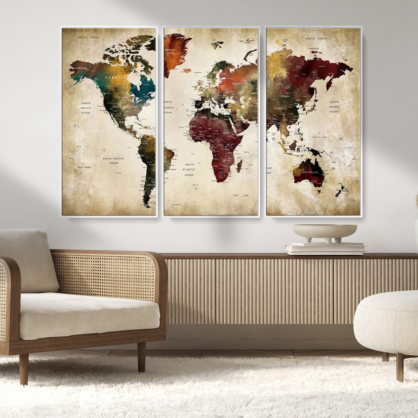 MGV-FC-48X32-3P - Large World Map Wall Art Canvas Print, Framed Push Pin Map Art Picture Print, Abstract Traveller Map Perfect Modern Decor Artwork