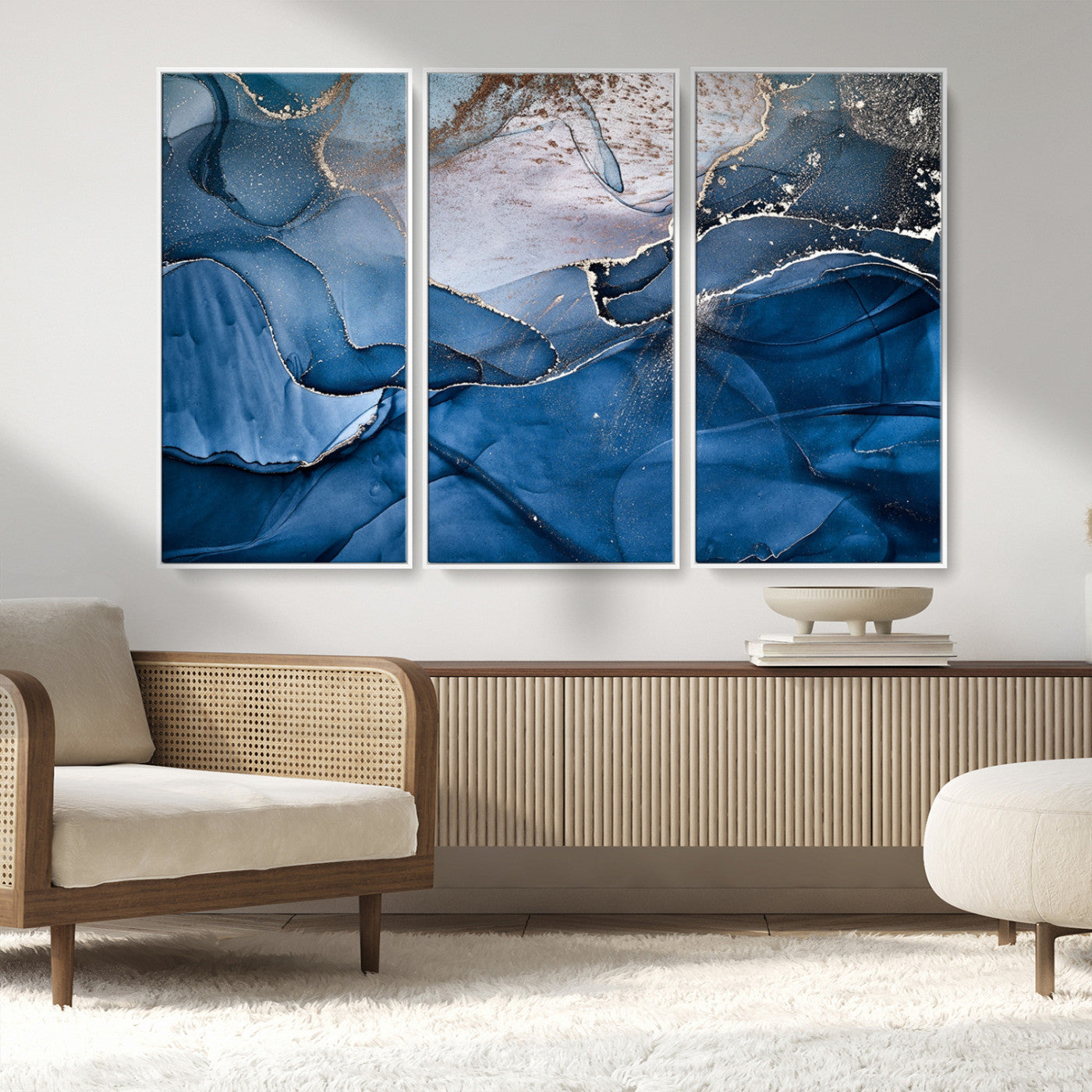 -Navy Blue Canvas Art Abstract Print – Elegant Triptych Modern Art Print – Contemporary Decor for Living Room or Office