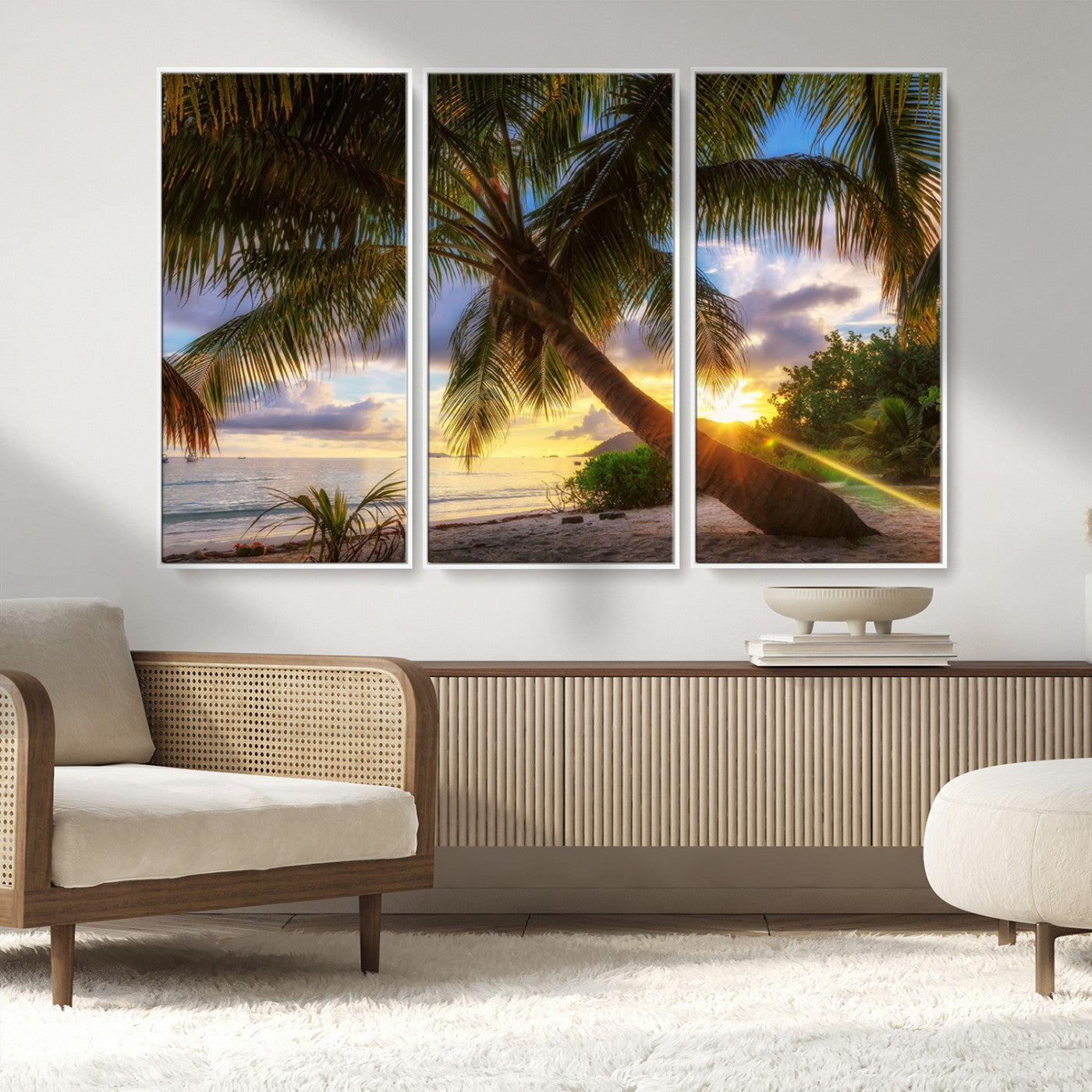 MGV-FC-48X32-3P - Tropical Island Sunset on the Beach Palms Wall Art Canvas Print
