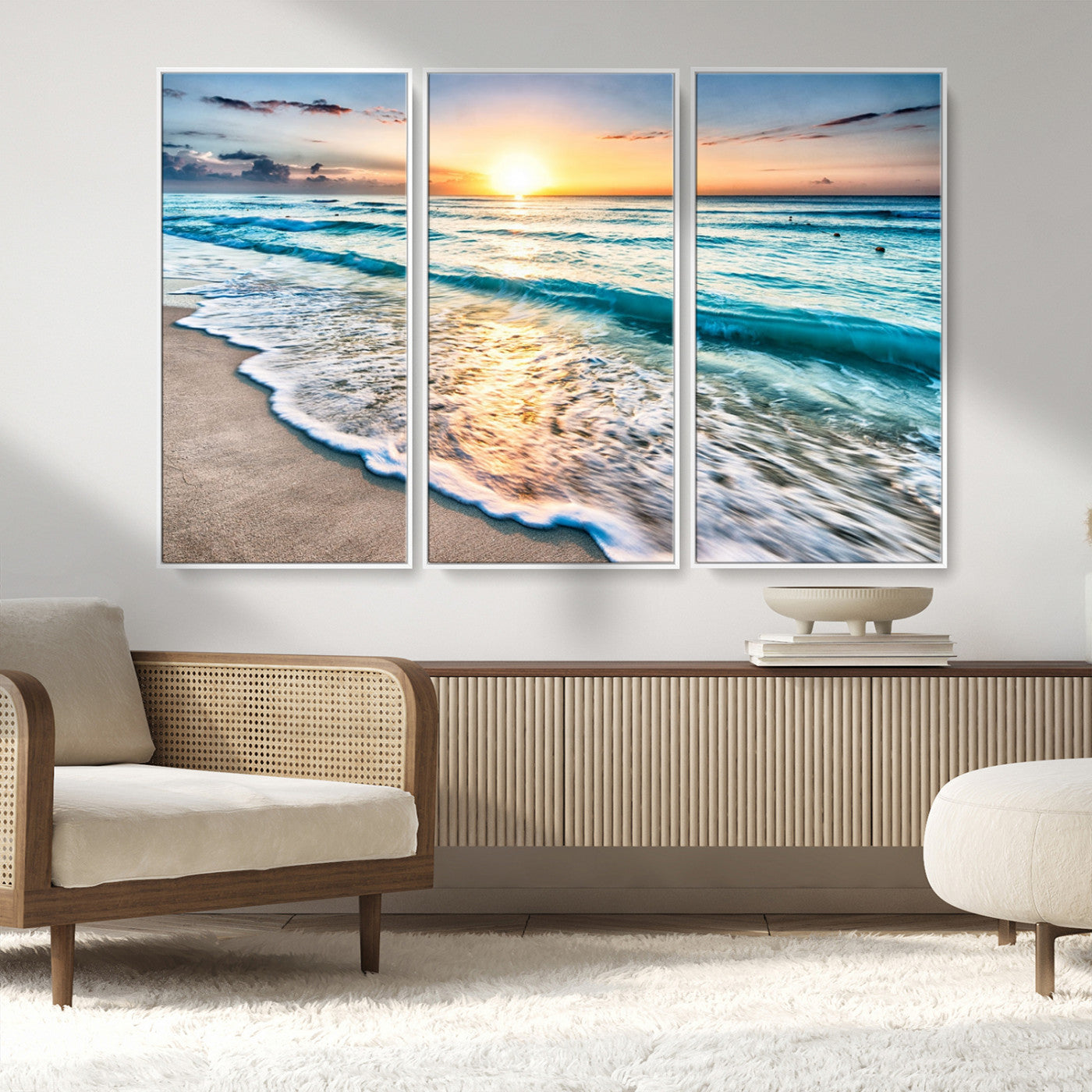 MGV-FC-48X32-3P - Sunset Beach Waves Canvas Wall Art – 5-Panel Ocean Sunset Print – Coastal Decor for Living Room or
