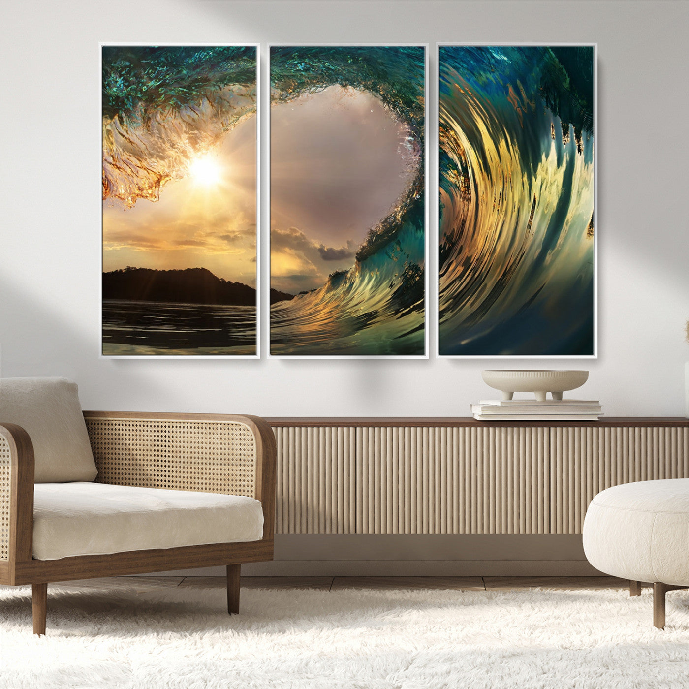 MGV-FC-48X32-3P - Golden Wave Sunset Giclee Canvas Print – Large Coastal Wall Art for Nature Lovers, Captivating Ocean Wave Decor