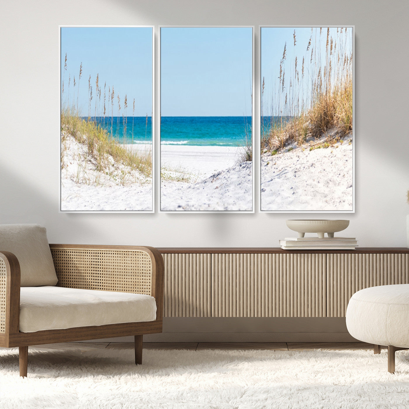 MGV-FC-48X32-3P - Serene Coastal Dune Path with Ocean View, 3-Panel Beach Canvas Wall Art, Tranquil Seascape Giclee Print, Gallery Wrap, Perfect for Coastal Home Decor
