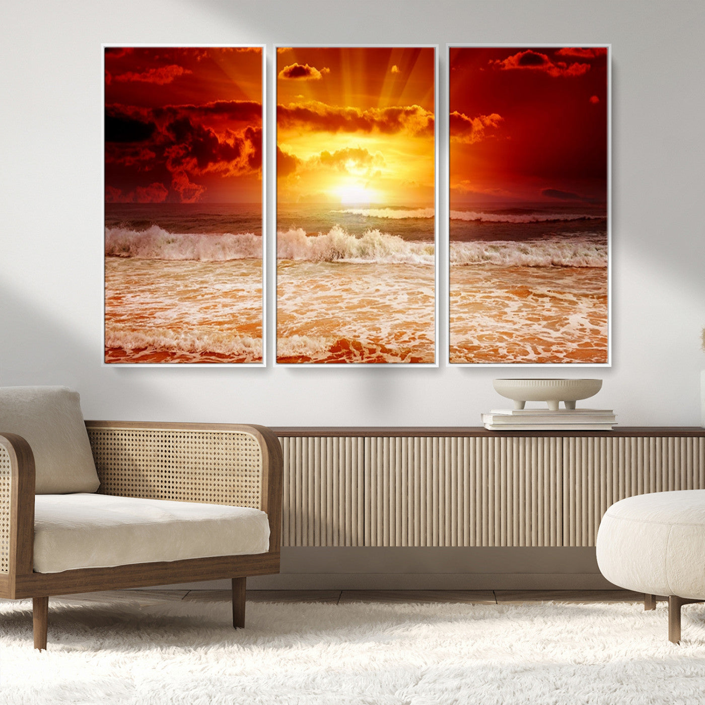 MGV-FC-48X32-3P - Red Sunset Ocean Beach Canvas Wall Art Beach Canvas, Coastal Sunset Print