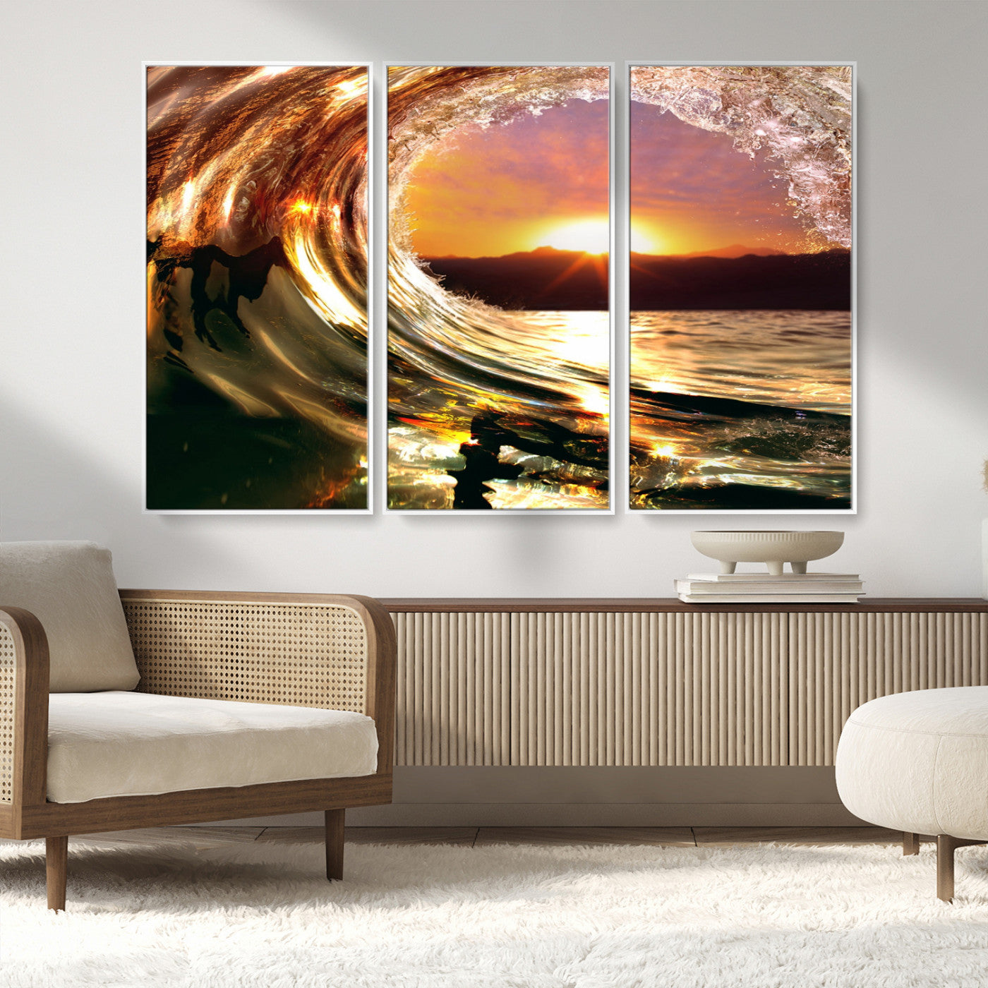 MGV-FC-48X32-3P - Golden Wave Sunset Triptych Canvas Art, Giclee Canvas Print of Ocean Wave and Sunset, Framed Ocean