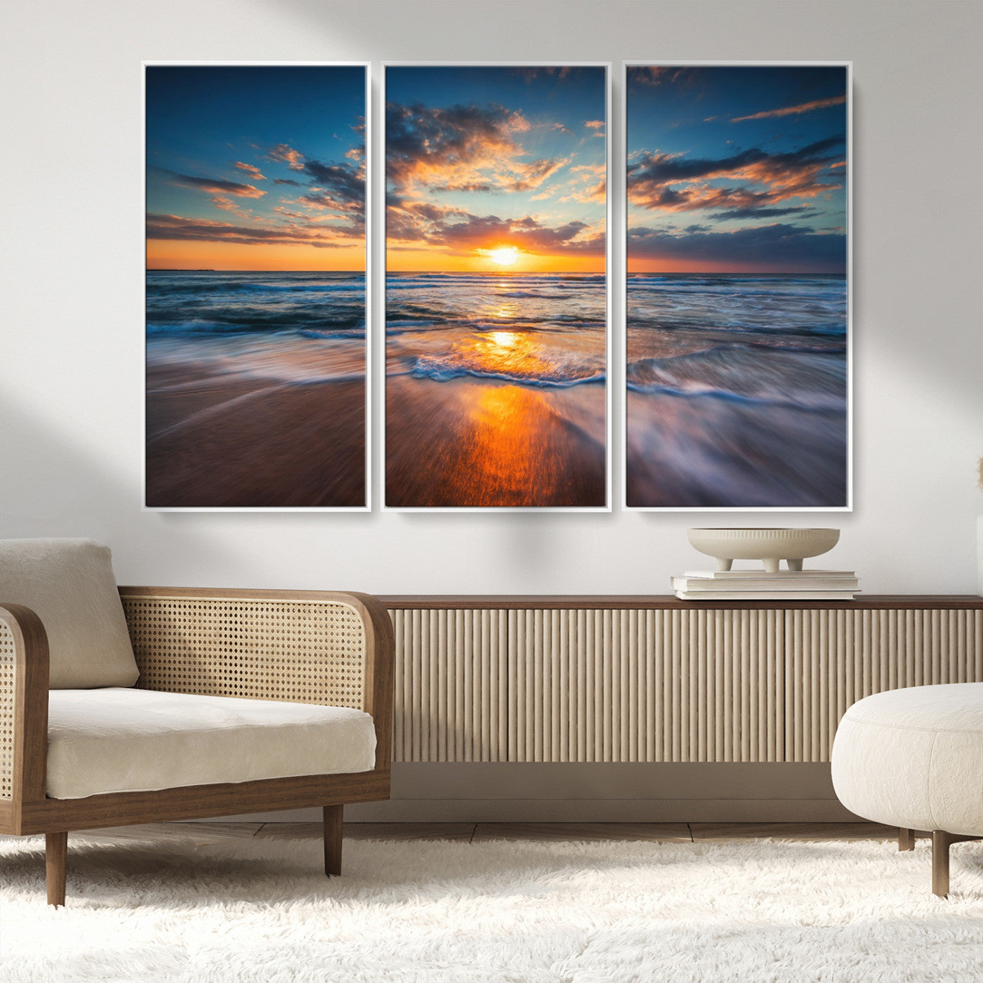 MGV-FC-48X32-3P - Sunset on the Ocean Beach with Waves, Reflections on Sand, Coastal Wall Art Print, Beach Wall Art,
