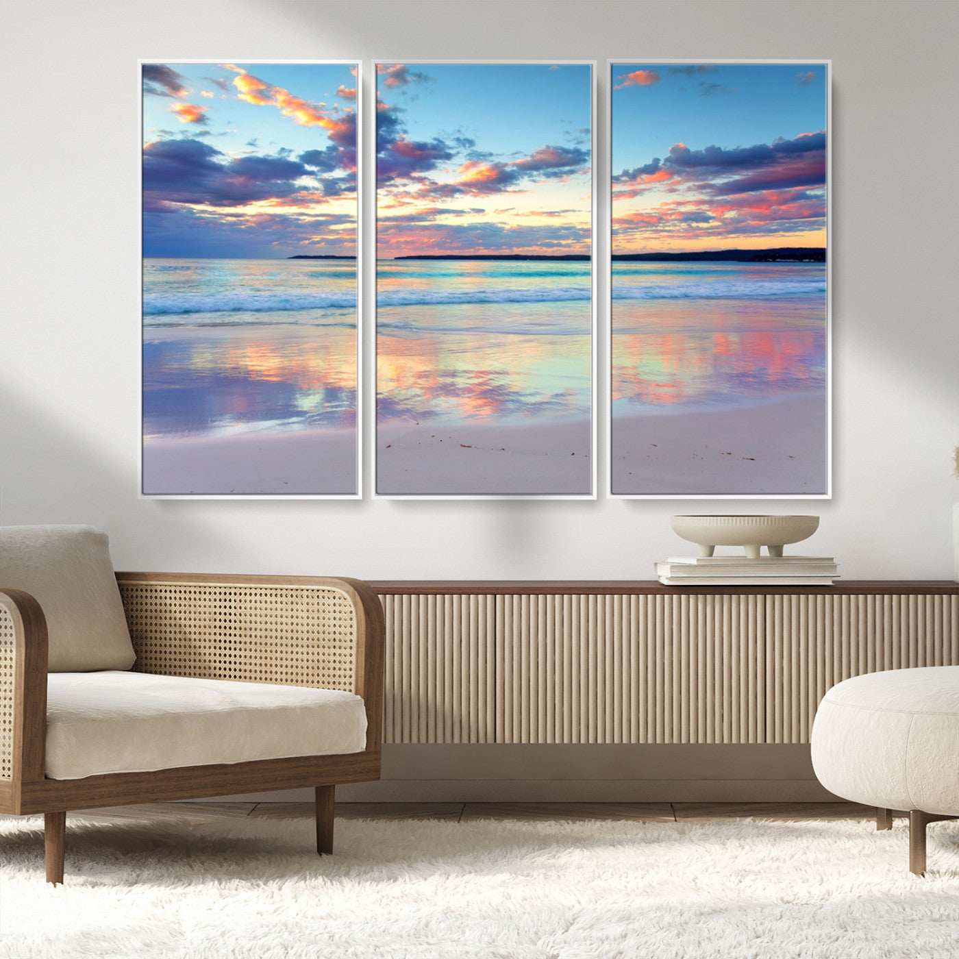 MGV-FC-48X32-3P - Tranquil Pastel Sunset Beach Triptych Canvas Art, Soothing Coastal Ocean Shoreline Giclee Print, Beach Reflections Wall Decor for Serene Spaces
