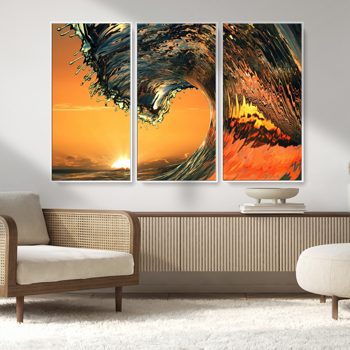 96977-MGV-FC-48X32-3P_White-Surf Wave Sunset Canvas Wall Art Print, 3-Panel Ocean Coastal Wall Art Print, Ocean Decor for