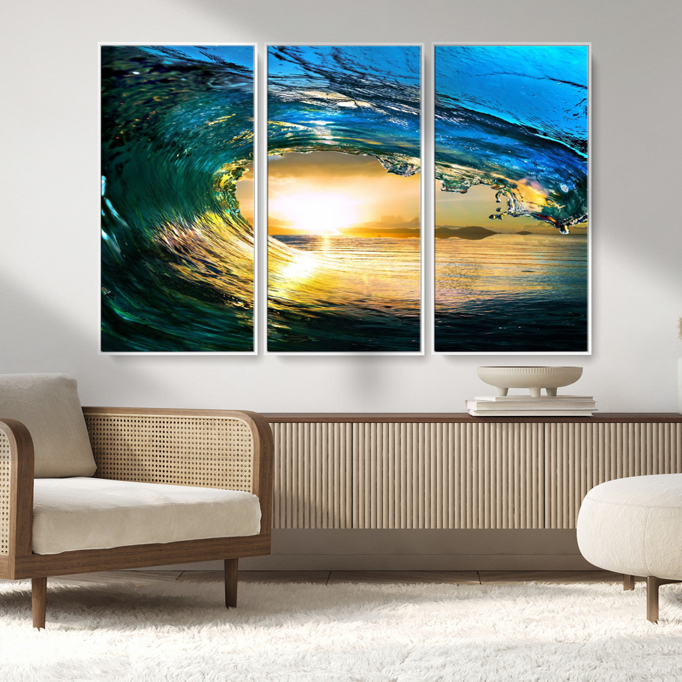 MGV-FC-48X32-3P - Ocean Wave at Sunset Canvas Art, Large Wall Print of Vibrant Water Waves, Coastal Art for Living Room and Dining Room