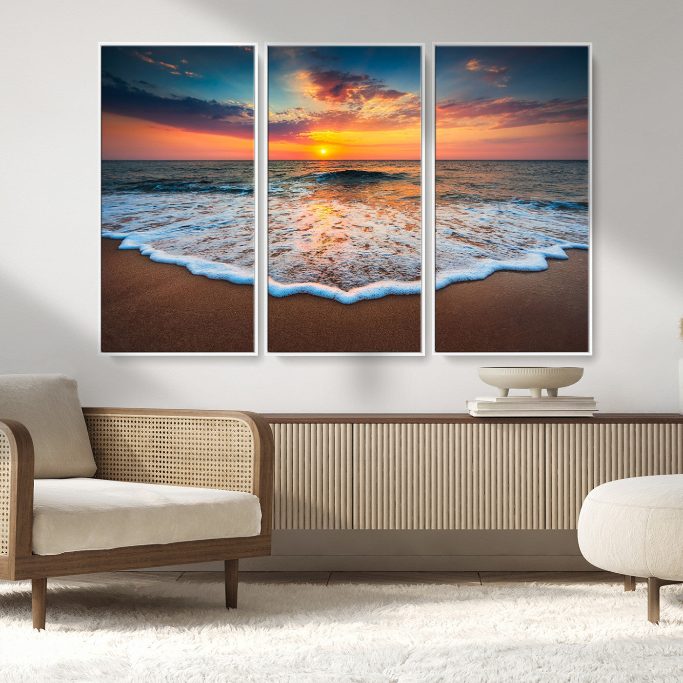 MGV-FC-48X32-3P - Sunset Beach Canvas Wall Art – Colorful Ocean Waves Triptych – Coastal Decor for Living Room or Bedroom – Framed and Ready to Hang