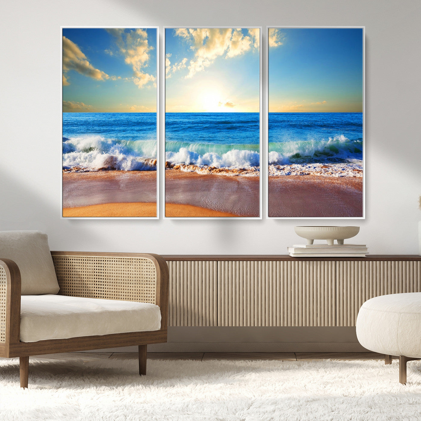 MGV-FC-48X32-3P - Tropical Beach Sunset Canvas Art, Ocean Waves and Sandy Shoreline Wall Art, Large Beach Decor for Coastal Homes