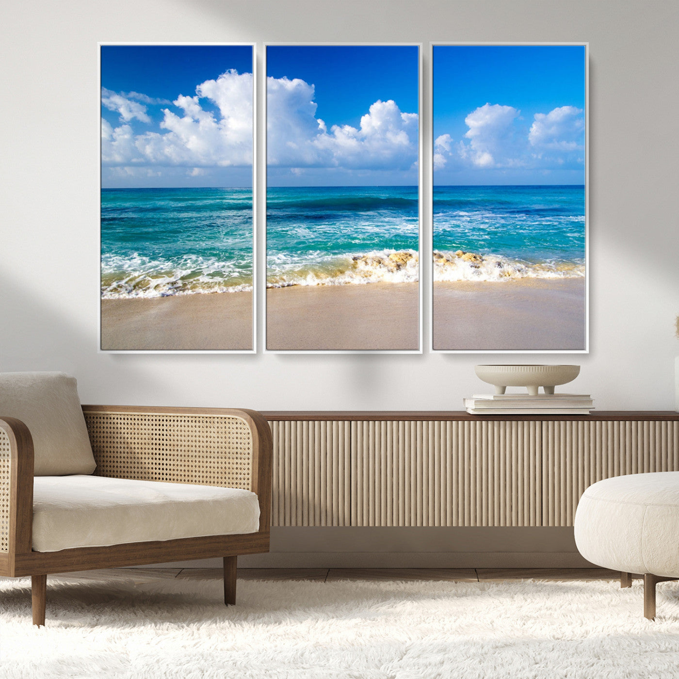MGV-FC-48X32-3P - Tropical Beach 3-Panel Canvas Wall Art – Serene Ocean Waves and Blue Sky – Giclée Print for Living Room, Office, or Bedroom Coastal Decor