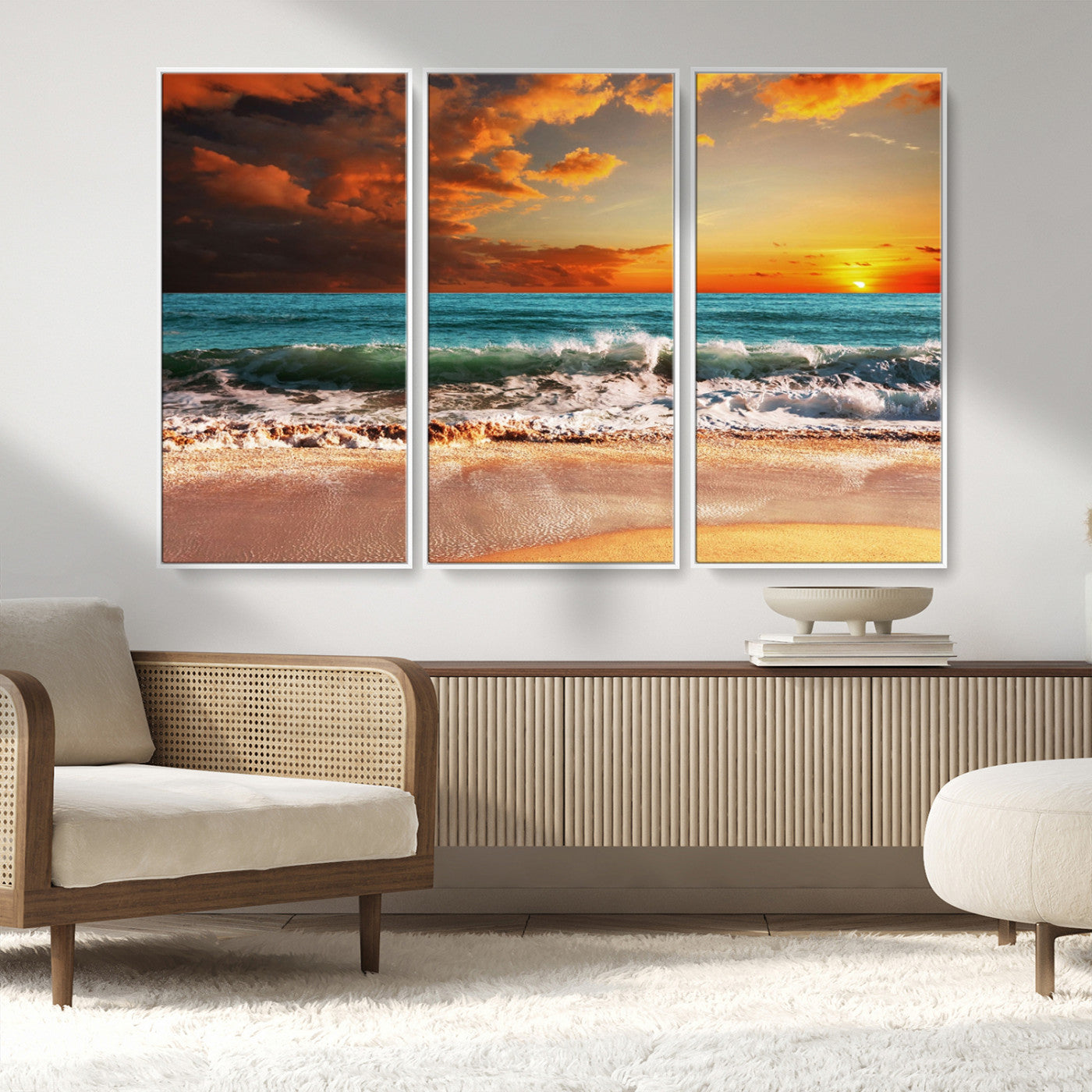 MGV-FC-48X32-3P - Golden Sunset Beach Canvas Wall Art – Triptych Seascape Print – Framed and Ready to Hang for Living Room or Office