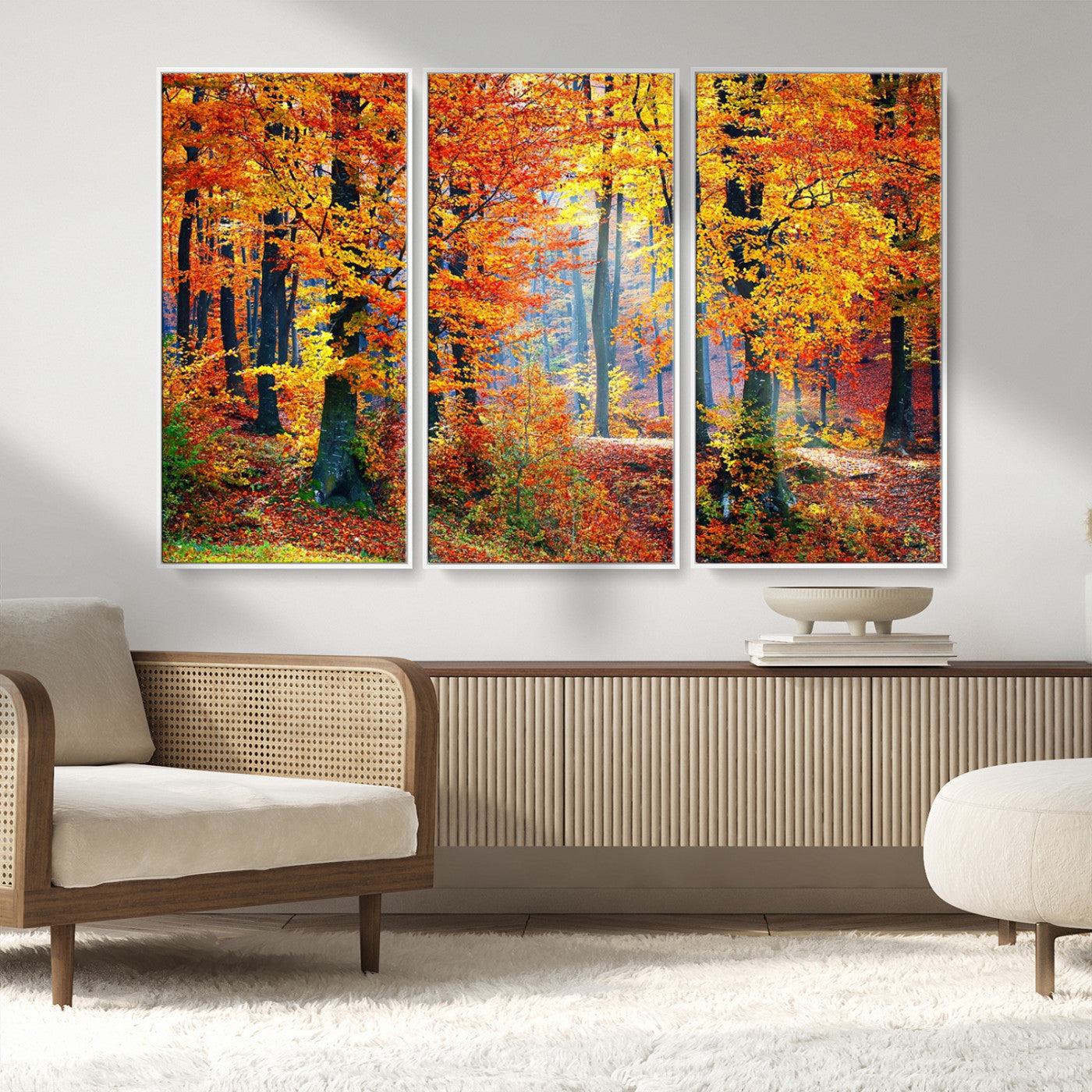 MGV-FC-48X32-3P - Autumn Red Forest Triptych Canvas Wall Art Print, Forest Wall Decor, Fall Landscape Art | Season Nature Landscape for Home or Office