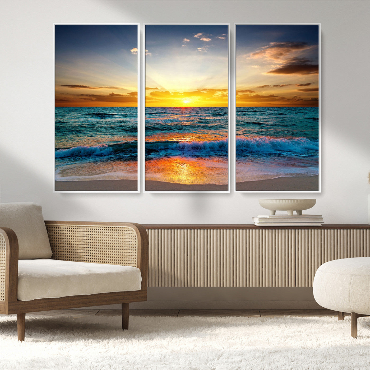 MGV-FC-48X32-3P - Vibrant Ocean Sunrise Over Golden Beach Waves, Giclee Canvas Wall Art Set, High-Quality Stretched Canvas Print, Ready to Hang Coastal Sunset Wall