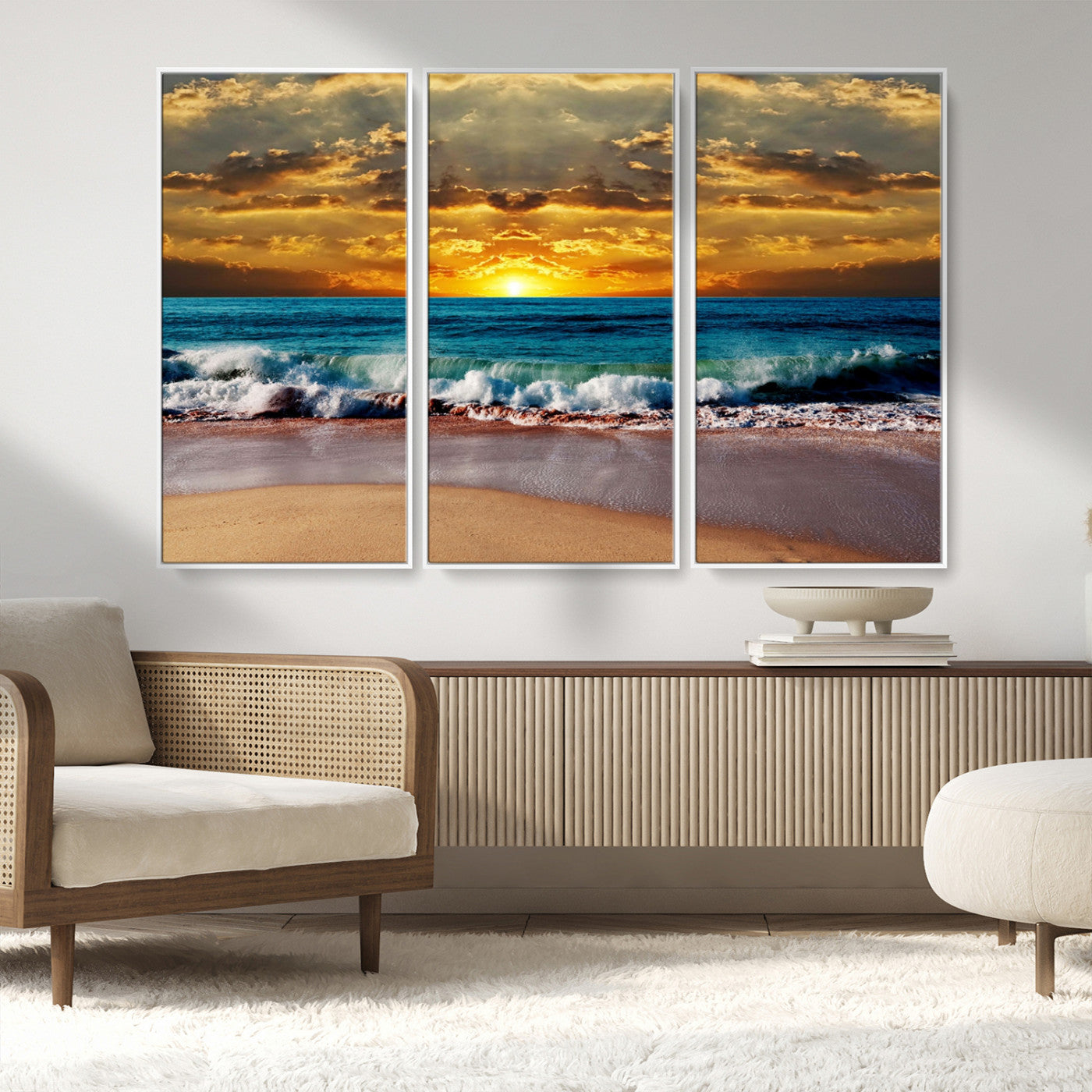 MGV-FC-48X32-3P - Ocean Sunrise Over Golden Beach Waves, Giclee Canvas Wall Art Set, High-Quality Stretched Canvas Print, Ready to Hang Coastal Sunset Wall Decor