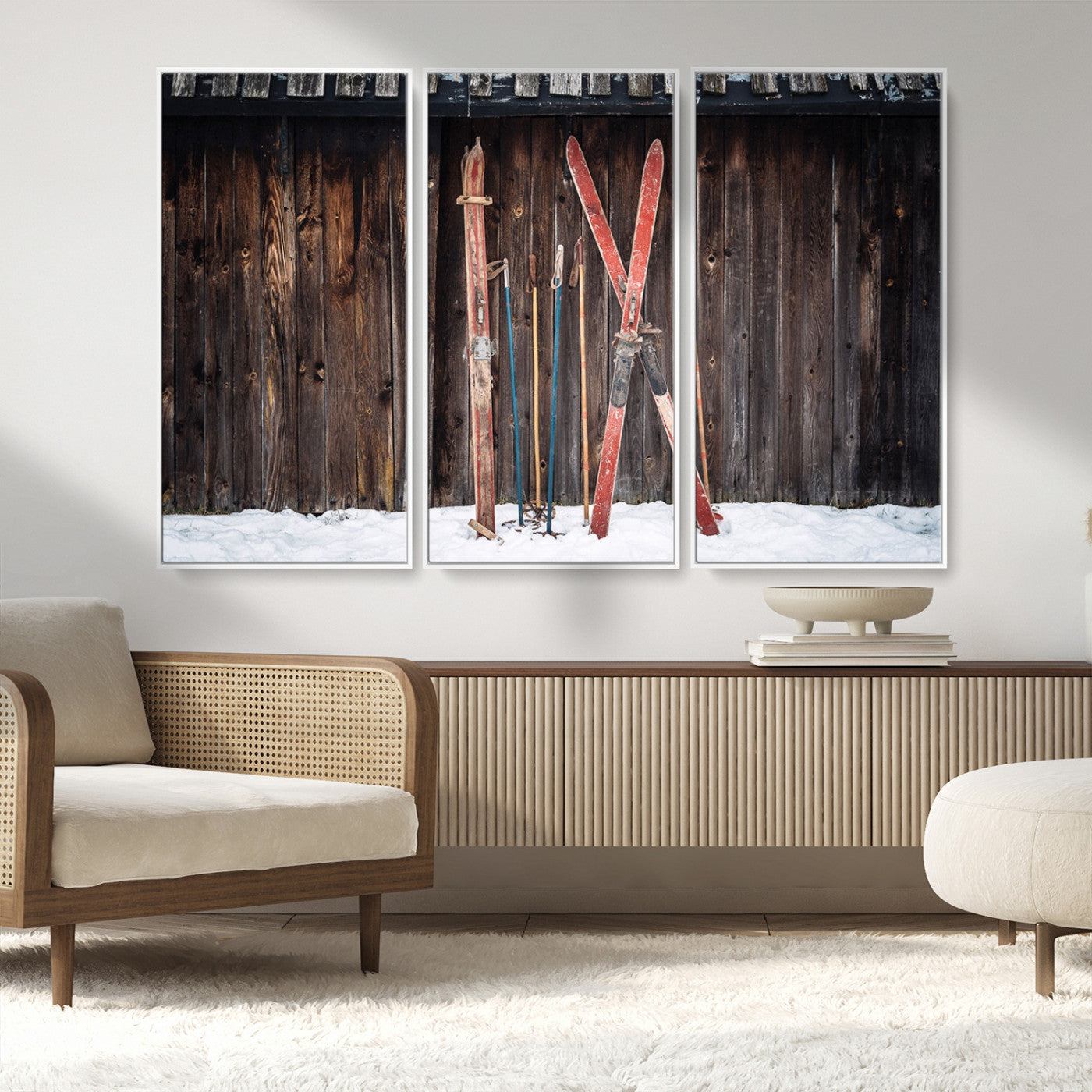 MGV-FC-48X32-3P - Vintage Ski Gear Against Wooden Cabin Wall, Rustic Winter Sports Equipment Canvas Print, Ready to Hang Wall Art, Perfect for Lodge or Ski Cabin Decor